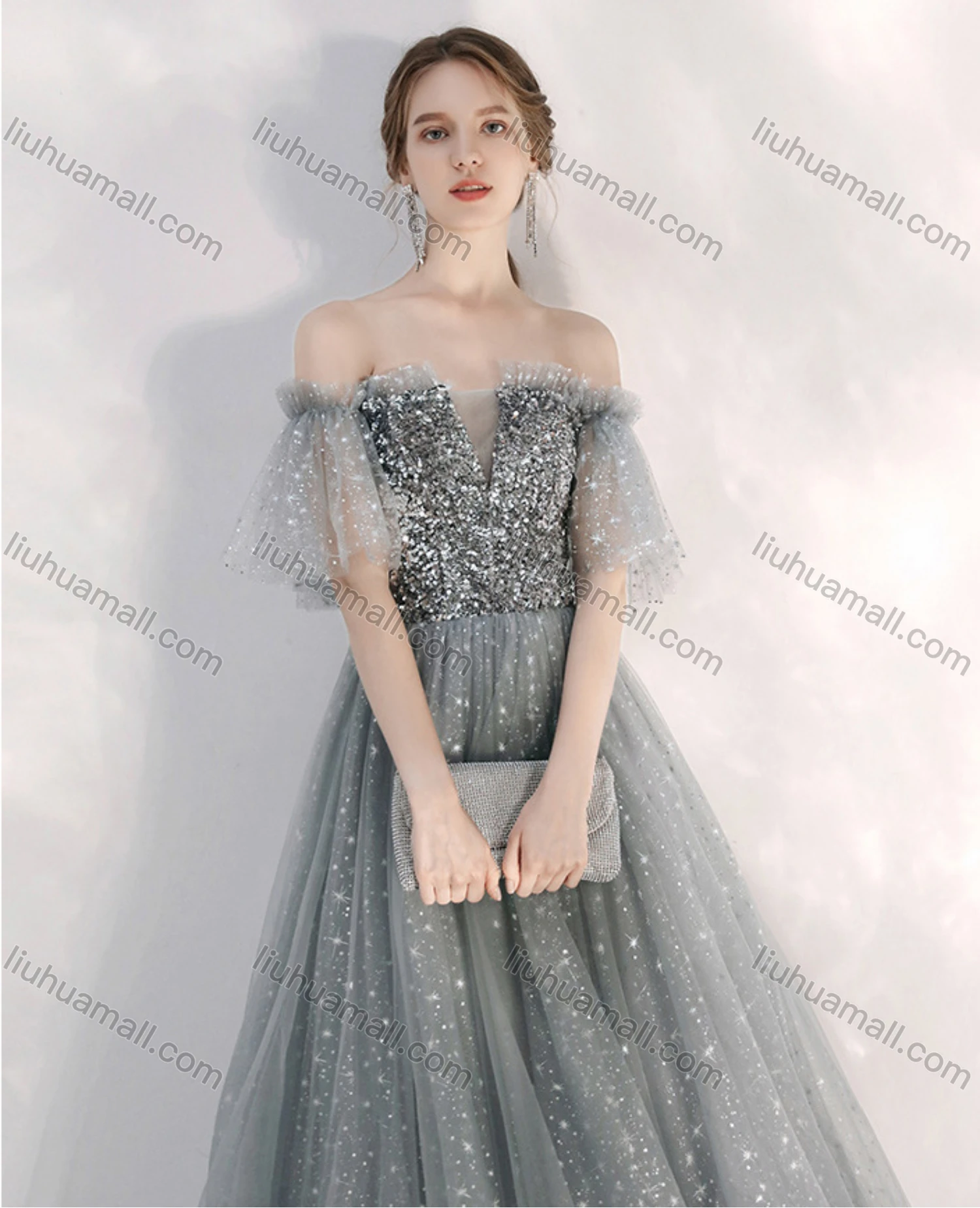 Wholesale Women's Elegant Sequin Off Shoulder Lace Up High Waist Ruffle Trim Maxi Evening Dress - Liuhuamall
