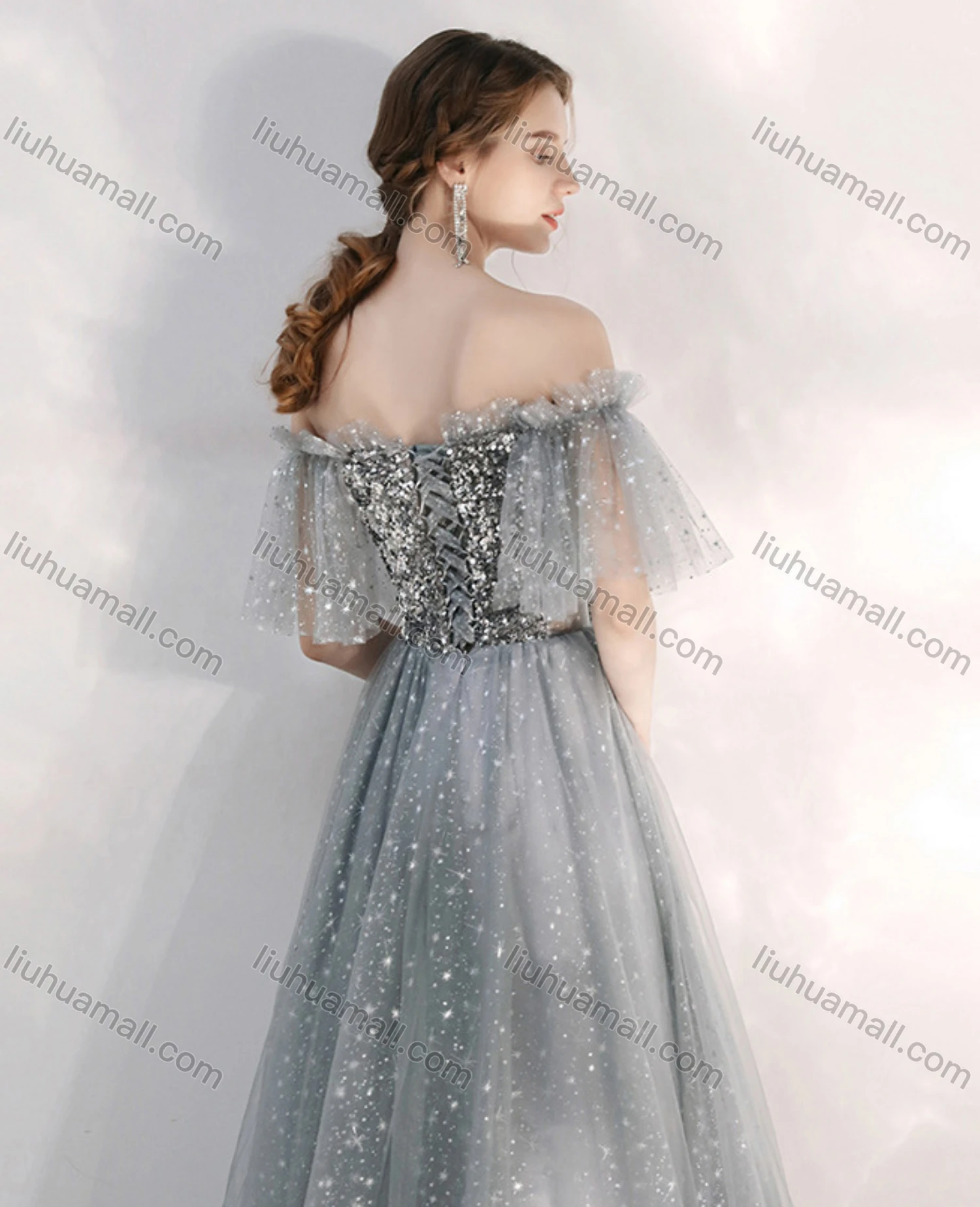 Wholesale Women's Elegant Sequin Off Shoulder Lace Up High Waist Ruffle Trim Maxi Evening Dress - Liuhuamall