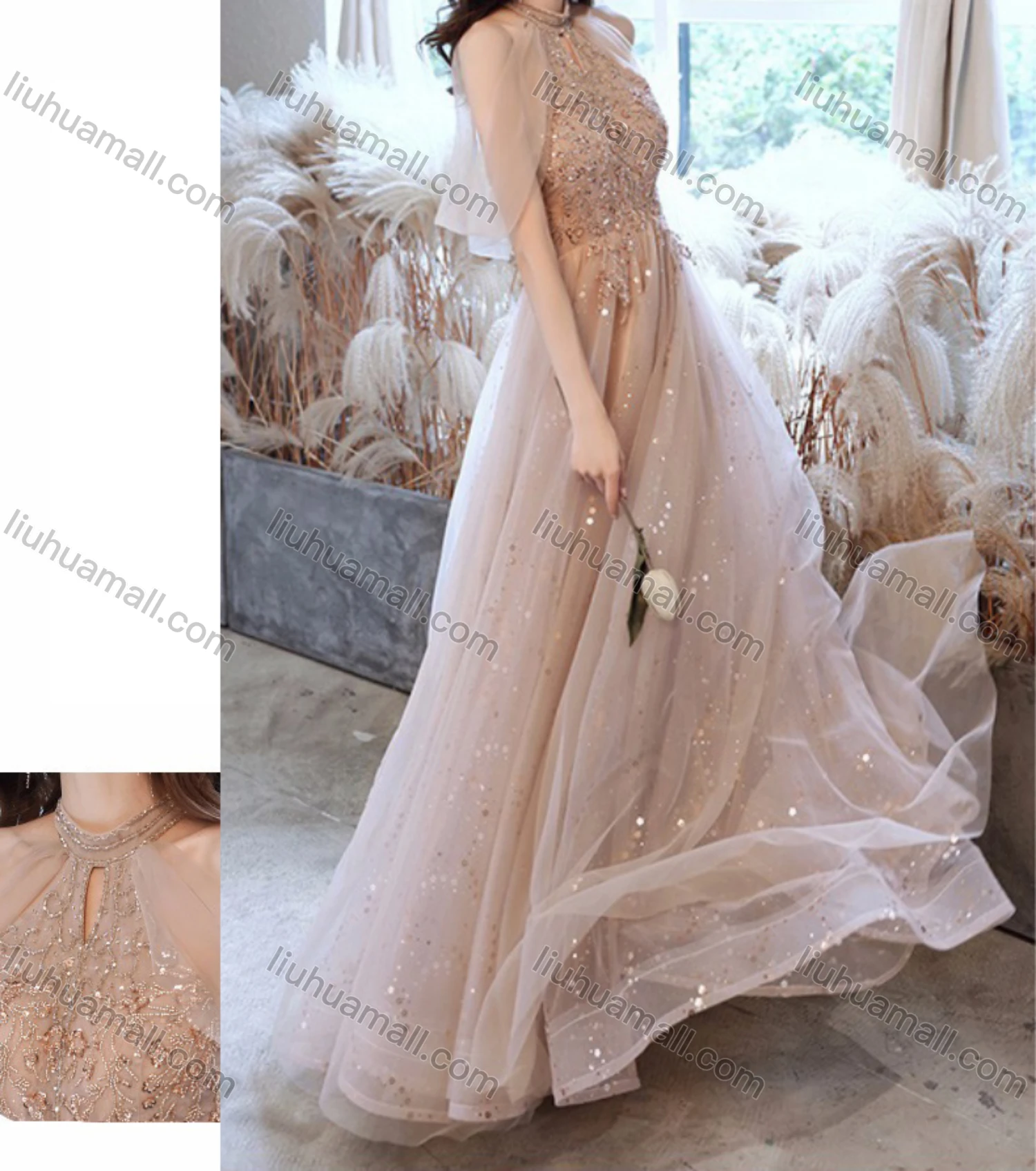 Wholesale Women's Elegant Sequin Mesh High Waist Floor Length Halter Evening Dress - Liuhuamall