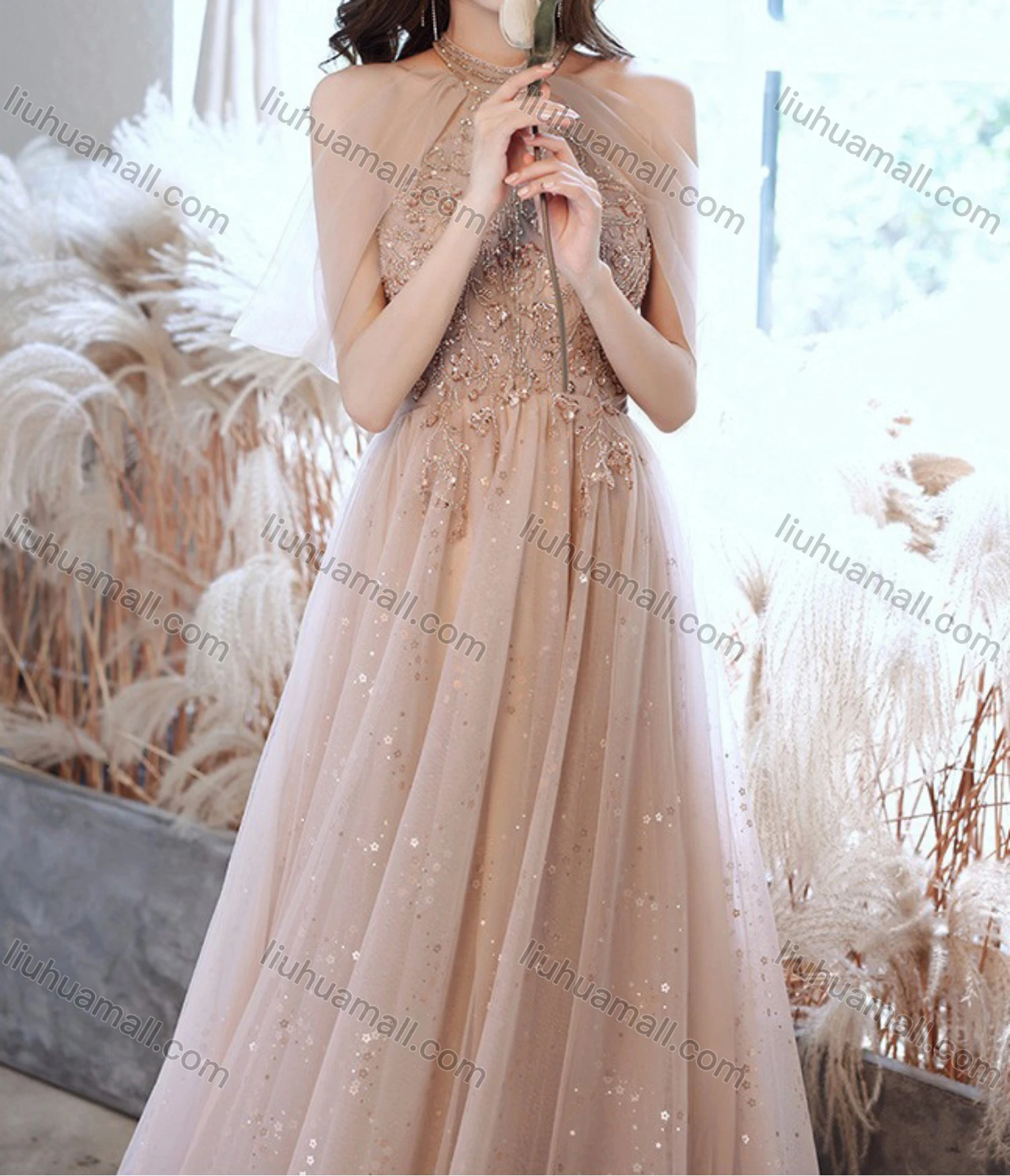 Wholesale Women's Elegant Sequin Mesh High Waist Floor Length Halter Evening Dress - Liuhuamall