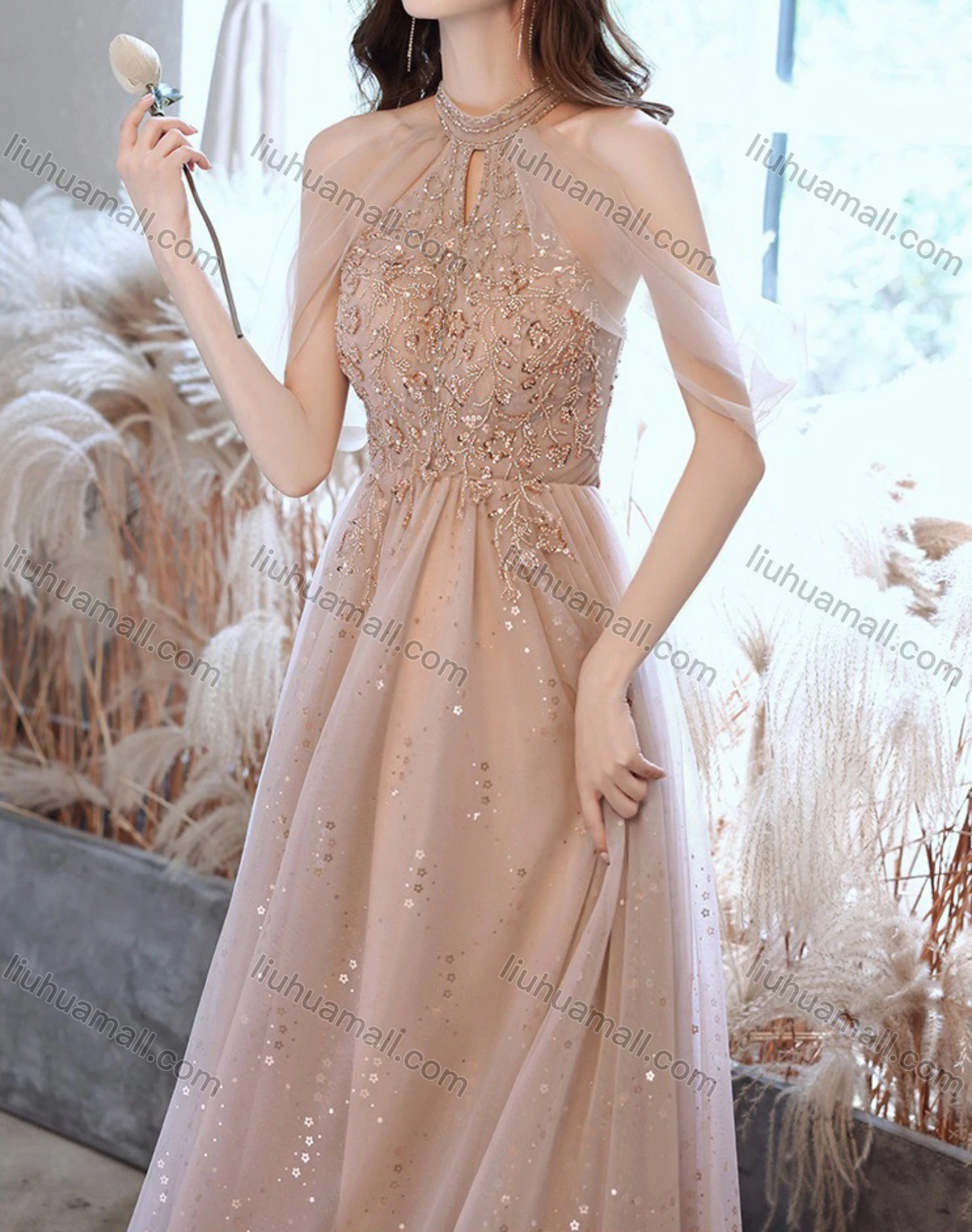Wholesale Women's Elegant Sequin Mesh High Waist Floor Length Halter Evening Dress - Liuhuamall