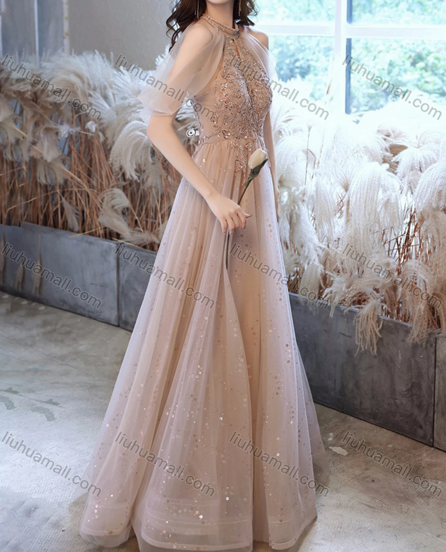 Wholesale Women's Elegant Sequin Mesh High Waist Floor Length Halter Evening Dress - Liuhuamall