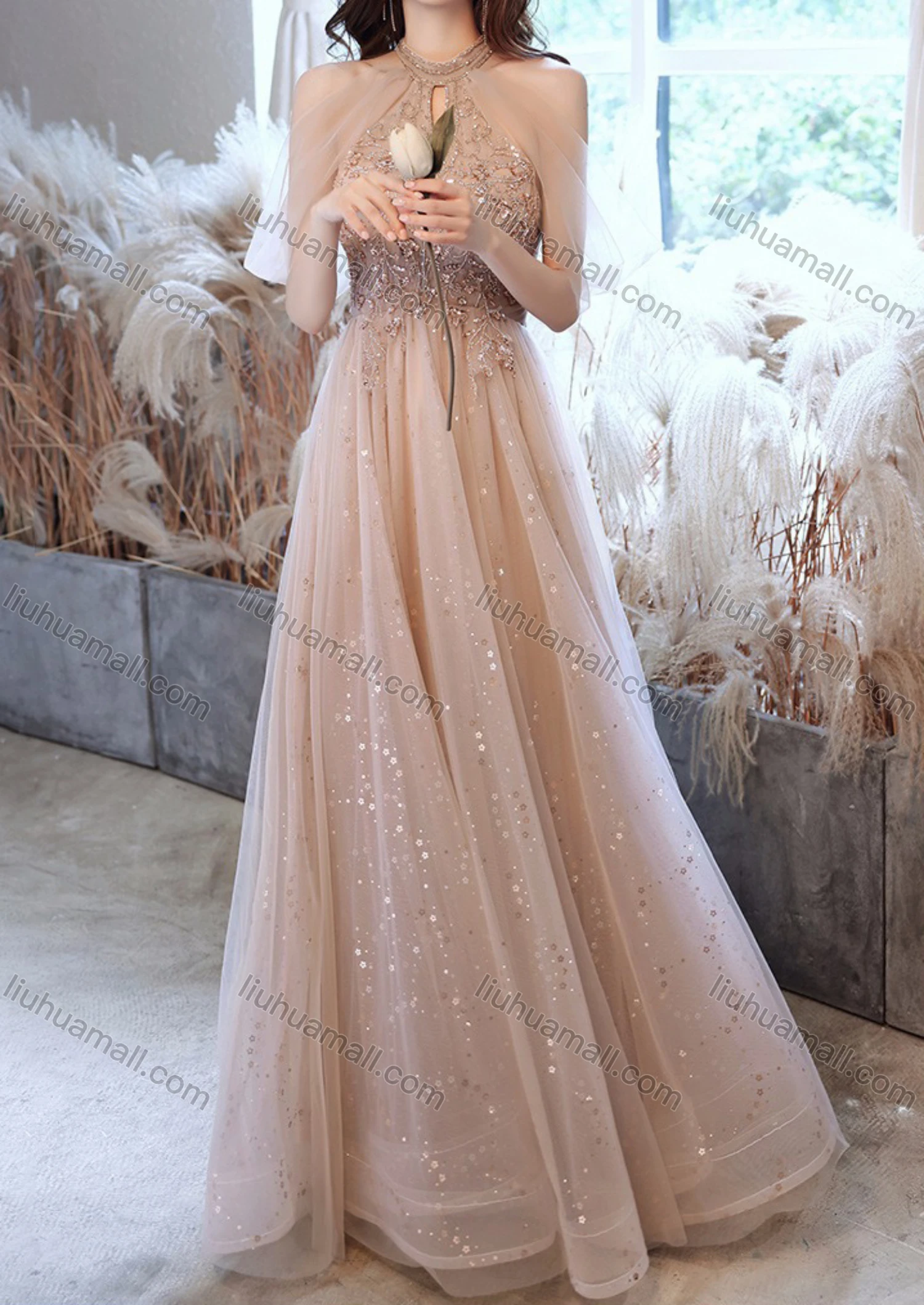 Wholesale Women's Elegant Sequin Mesh High Waist Floor Length Halter Evening Dress - Liuhuamall