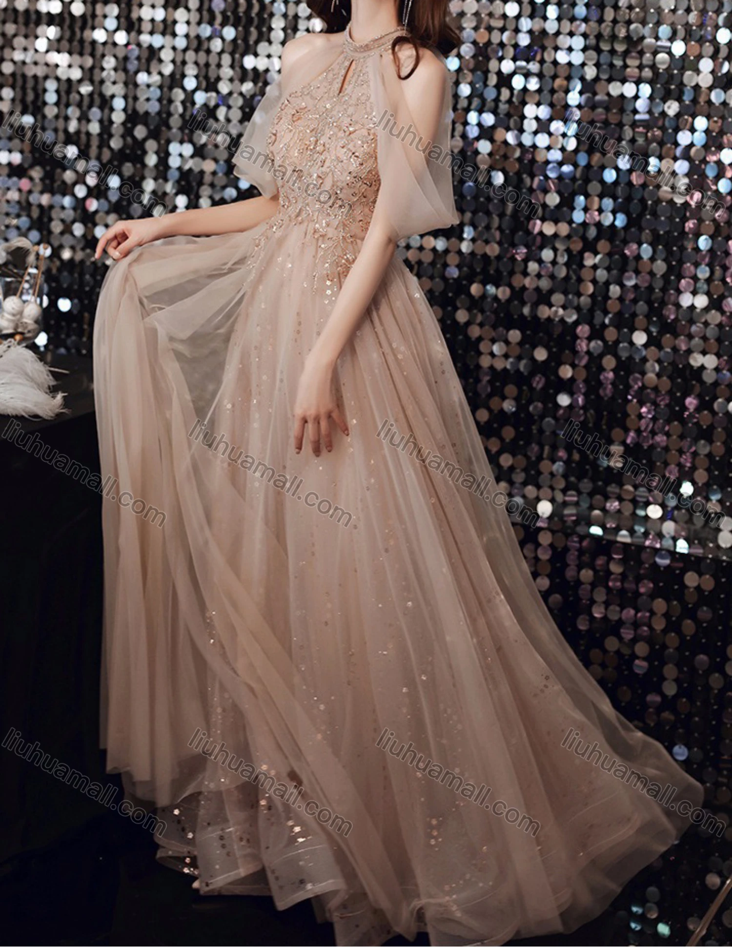 Wholesale Women's Elegant Sequin Mesh High Waist Floor Length Halter Evening Dress - Liuhuamall