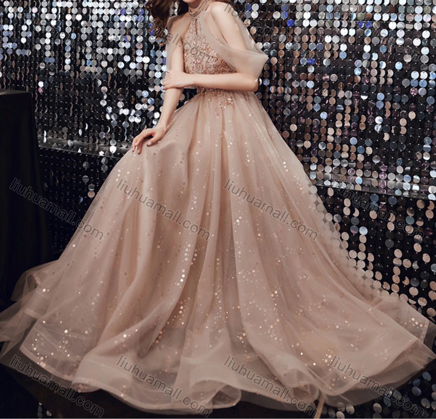 Wholesale Women's Elegant Sequin Mesh High Waist Floor Length Halter Evening Dress - Liuhuamall