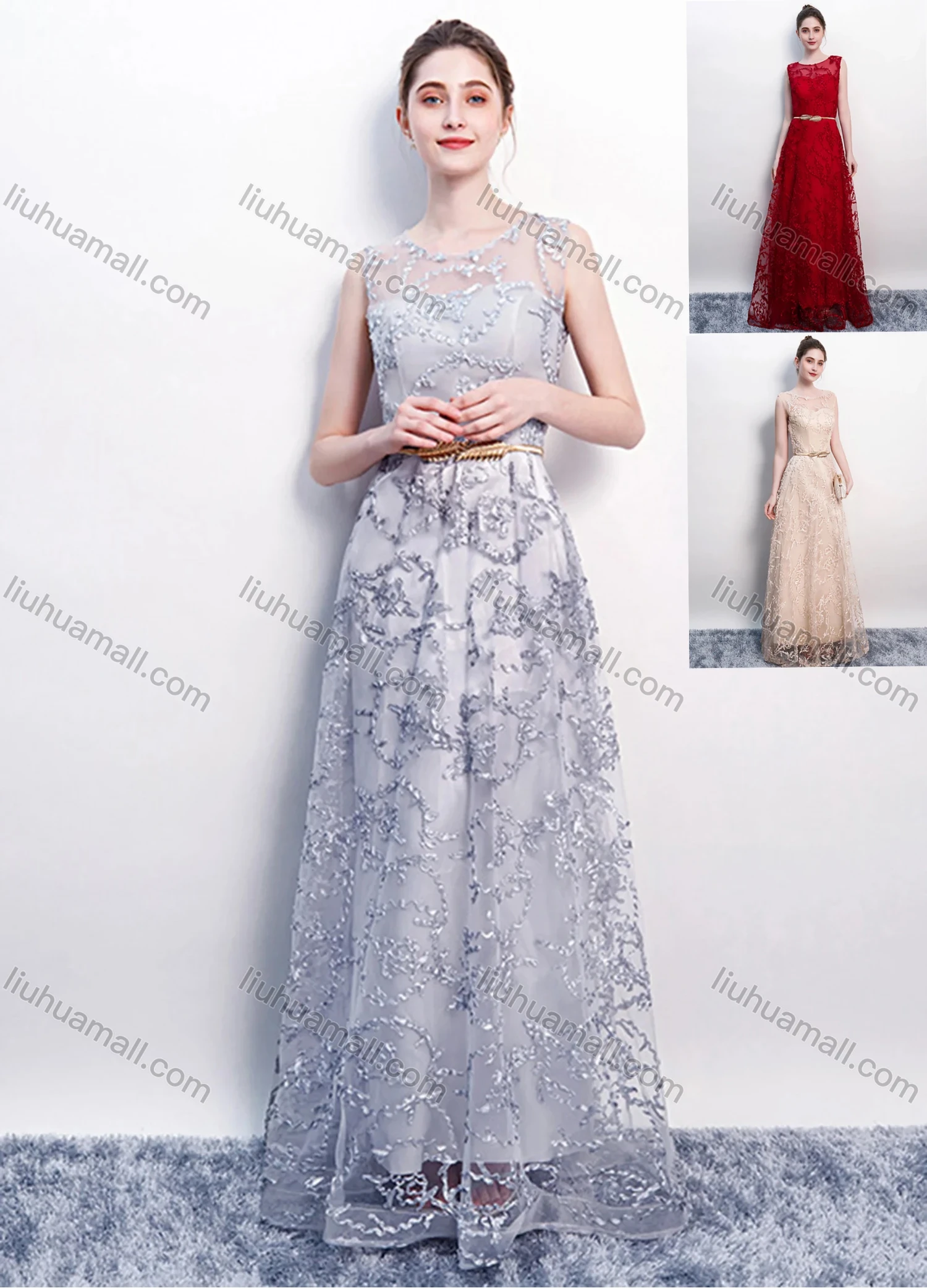 Wholesale Women's Elegant Mesh Splicing Appliques Round Neck Floor Length Evening Dress - Liuhuamall