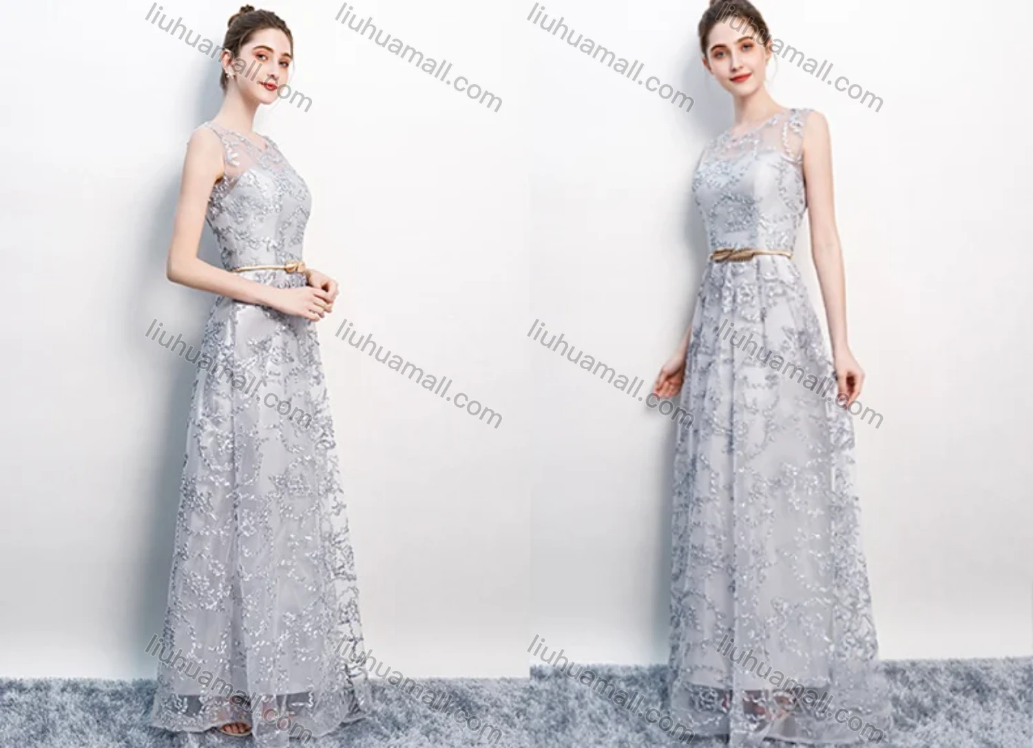 Wholesale Women's Elegant Mesh Splicing Appliques Round Neck Floor Length Evening Dress - Liuhuamall