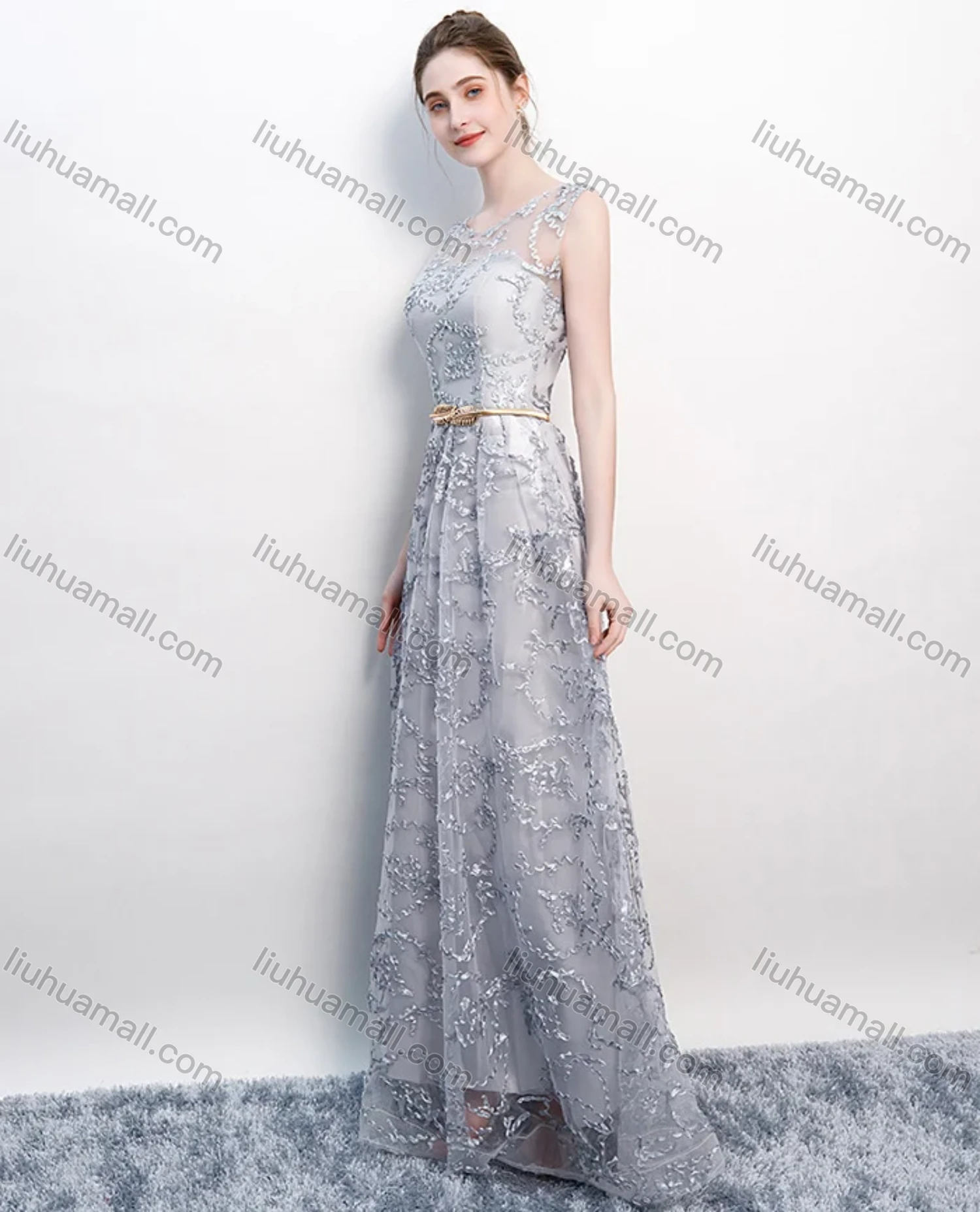 Wholesale Women's Elegant Mesh Splicing Appliques Round Neck Floor Length Evening Dress - Liuhuamall