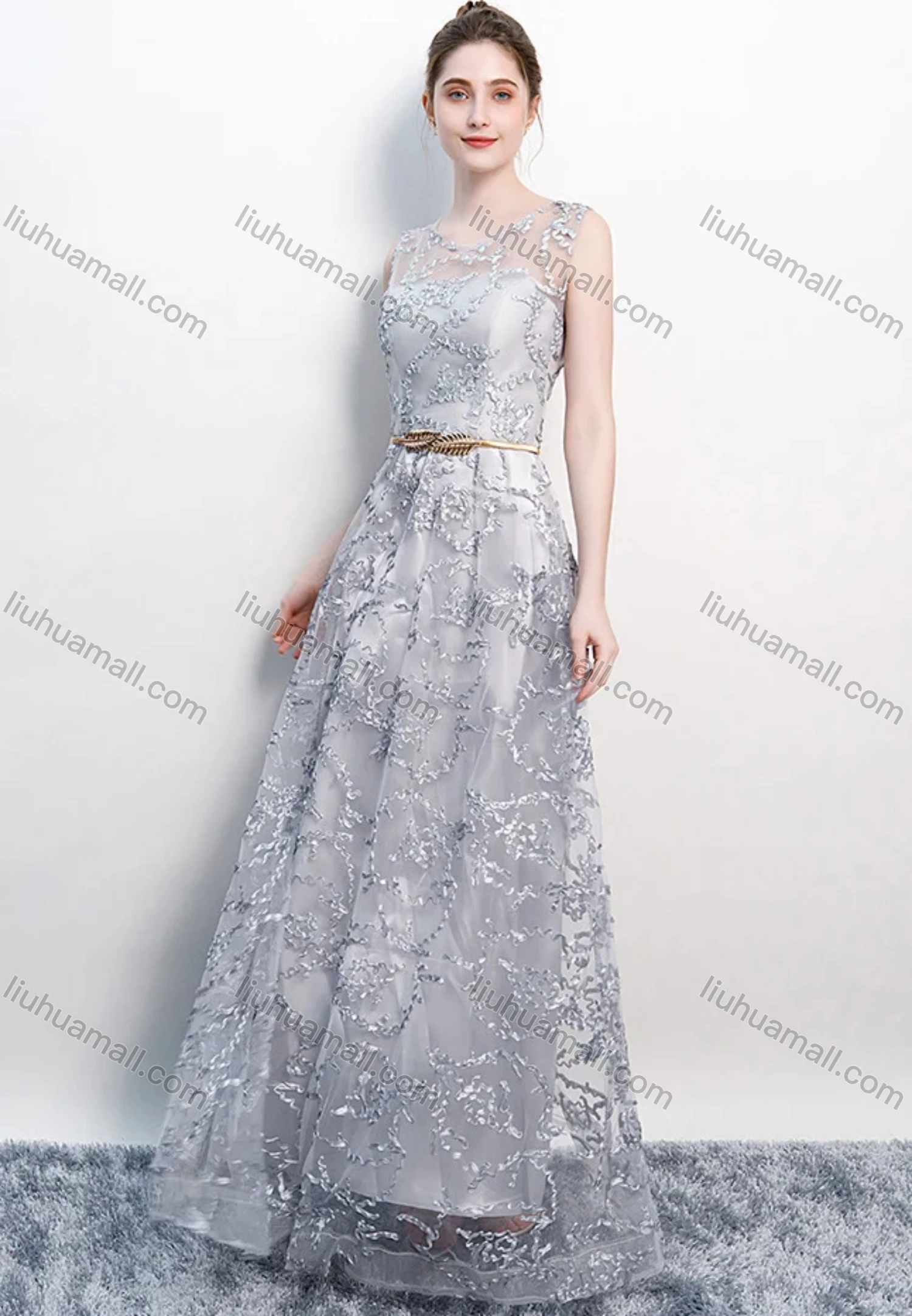 Wholesale Women's Elegant Mesh Splicing Appliques Round Neck Floor Length Evening Dress - Liuhuamall