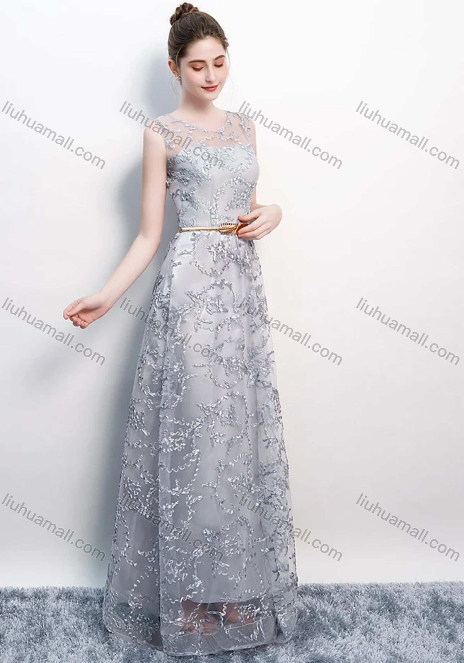 Wholesale Women's Elegant Mesh Splicing Appliques Round Neck Floor Length Evening Dress - Liuhuamall