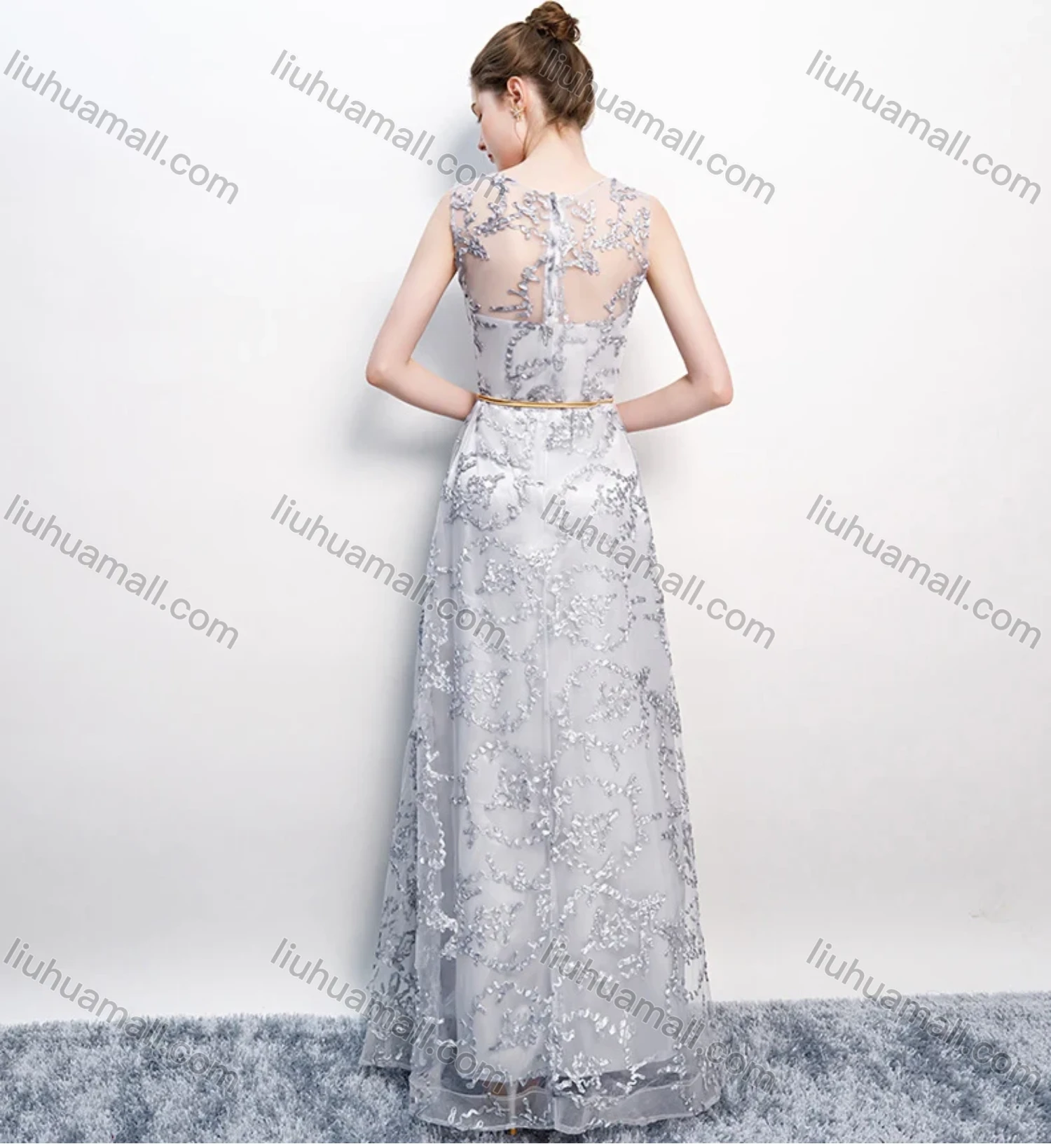 Wholesale Women's Elegant Mesh Splicing Appliques Round Neck Floor Length Evening Dress - Liuhuamall