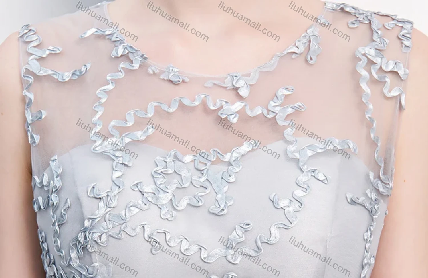 Wholesale Women's Elegant Mesh Splicing Appliques Round Neck Floor Length Evening Dress - Liuhuamall