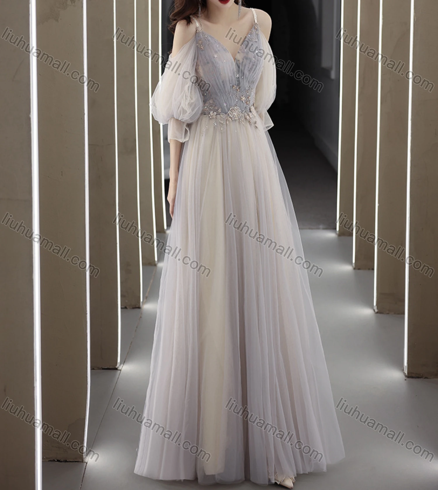 Wholesale Women's Elegant Mesh Puff Sleeve Pleated V Neck Appliques Floor Length Evening Dress - Liuhuamall
