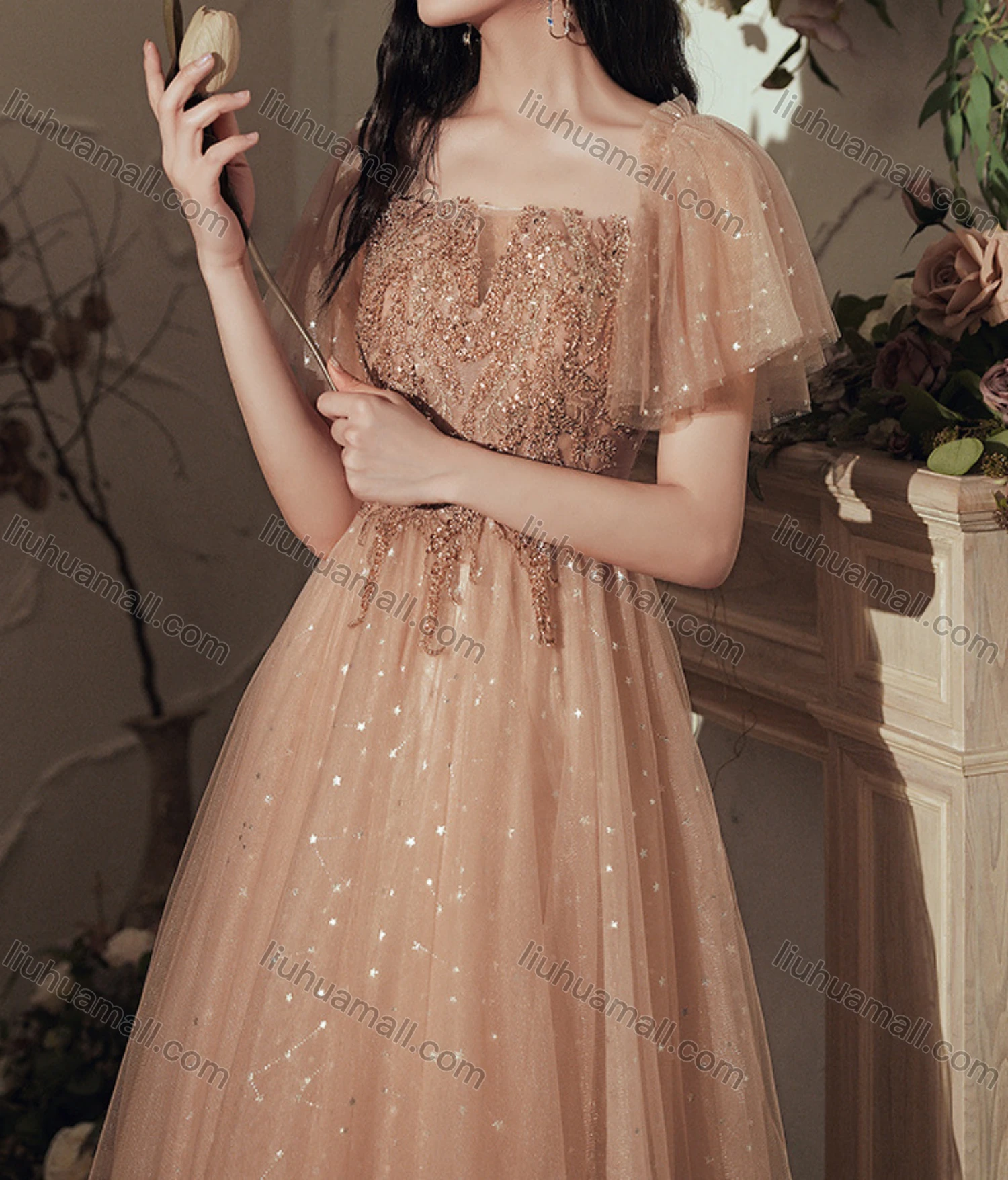 Wholesale Women's Elegant Square Neck Sequin Appliques Ruffle Sleeve Lace Up Maxi Evening Dress - Liuhuamall