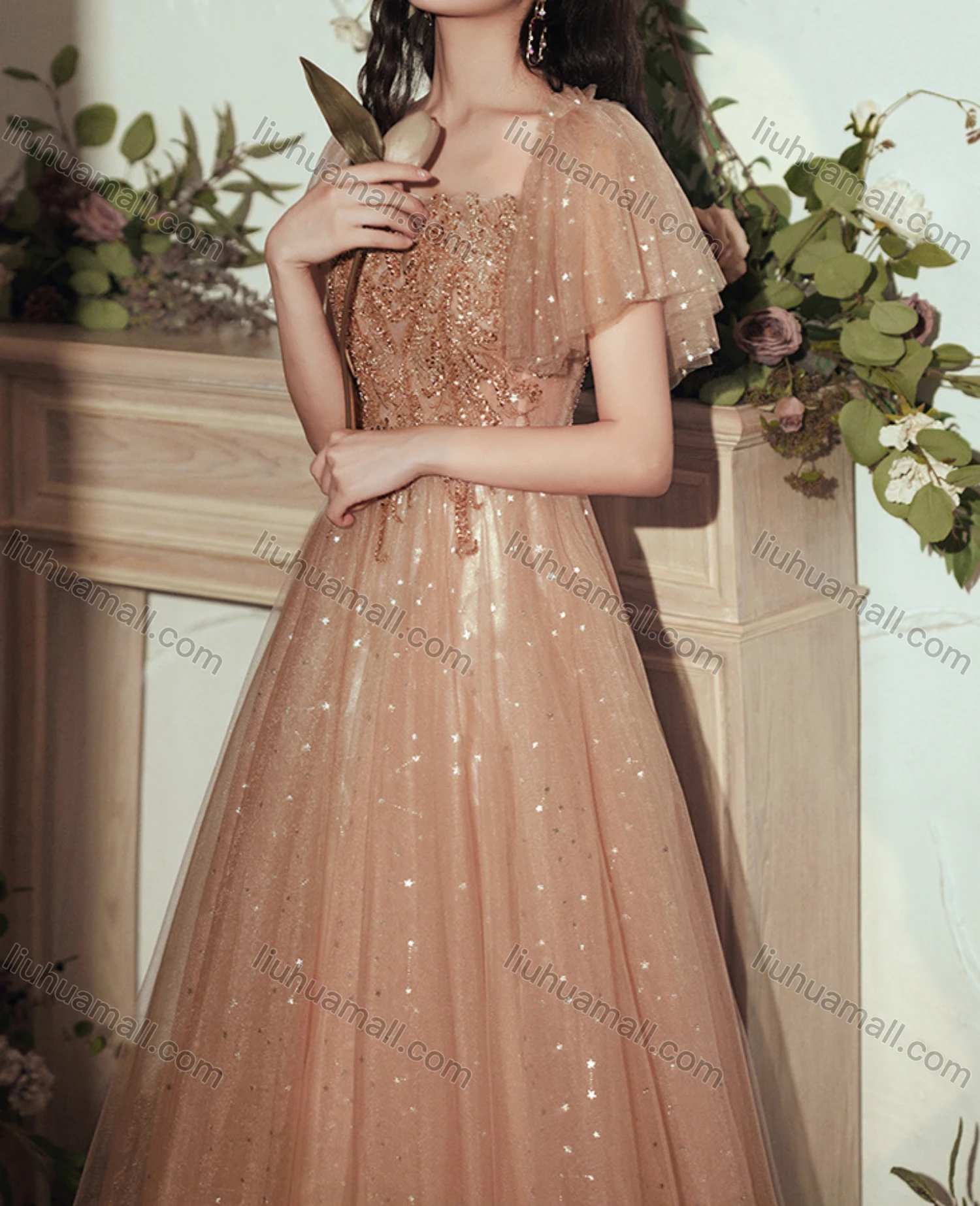 Wholesale Women's Elegant Square Neck Sequin Appliques Ruffle Sleeve Lace Up Maxi Evening Dress - Liuhuamall