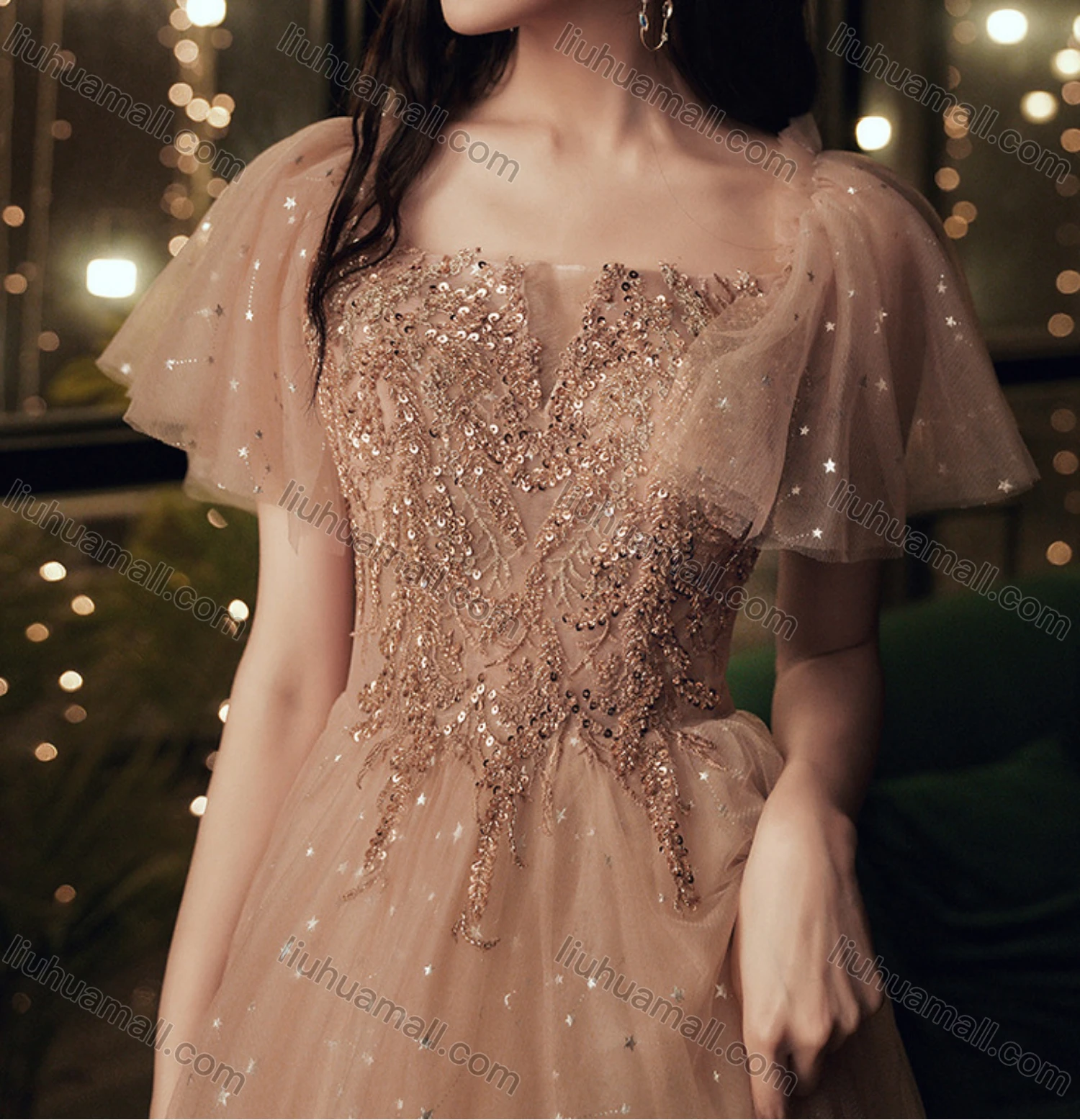 Wholesale Women's Elegant Square Neck Sequin Appliques Ruffle Sleeve Lace Up Maxi Evening Dress - Liuhuamall