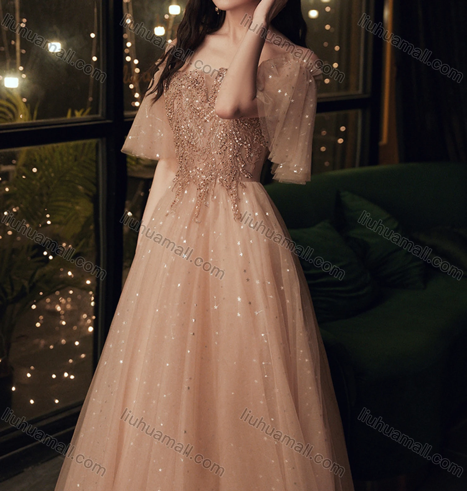 Wholesale Women's Elegant Square Neck Sequin Appliques Ruffle Sleeve Lace Up Maxi Evening Dress - Liuhuamall