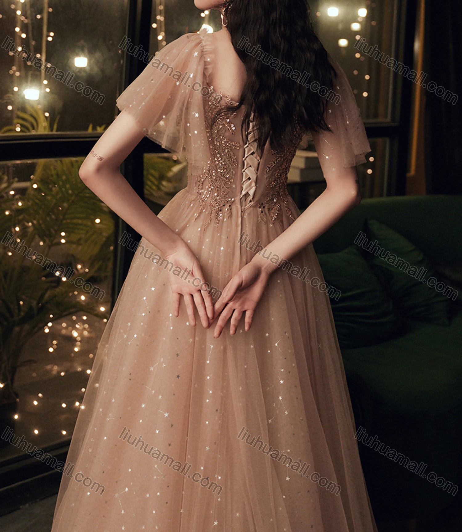 Wholesale Women's Elegant Square Neck Sequin Appliques Ruffle Sleeve Lace Up Maxi Evening Dress - Liuhuamall