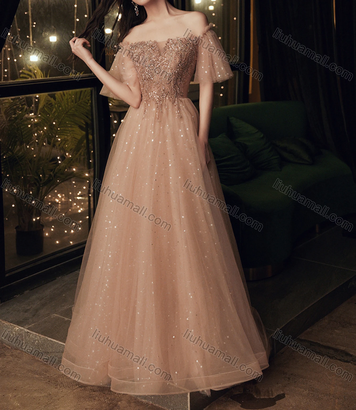 Wholesale Women's Elegant Square Neck Sequin Appliques Ruffle Sleeve Lace Up Maxi Evening Dress - Liuhuamall