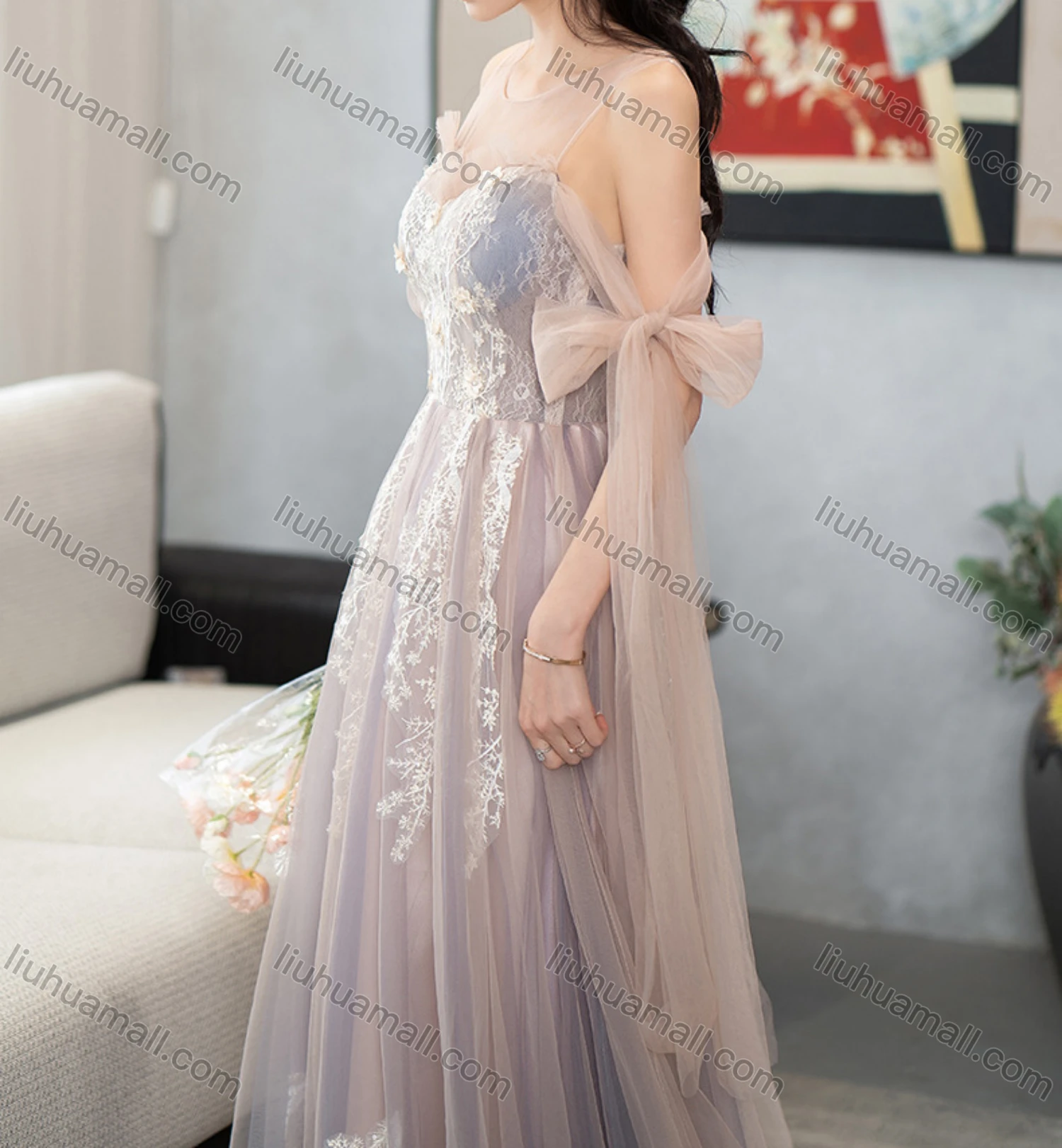 Wholesale Women's Elegant Mesh Appliques Ruffle Trim Lace Up Floor Length Evening Dress - Liuhuamall