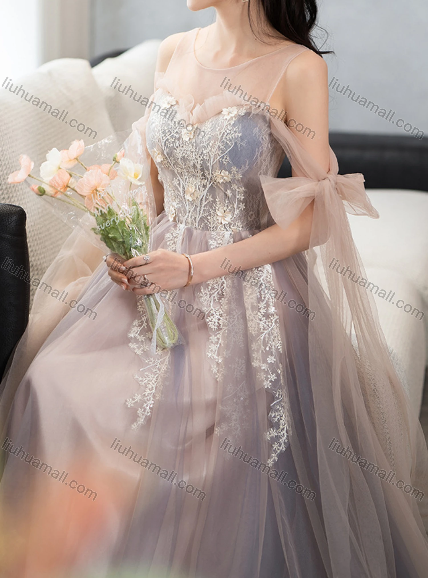 Wholesale Women's Elegant Mesh Appliques Ruffle Trim Lace Up Floor Length Evening Dress - Liuhuamall