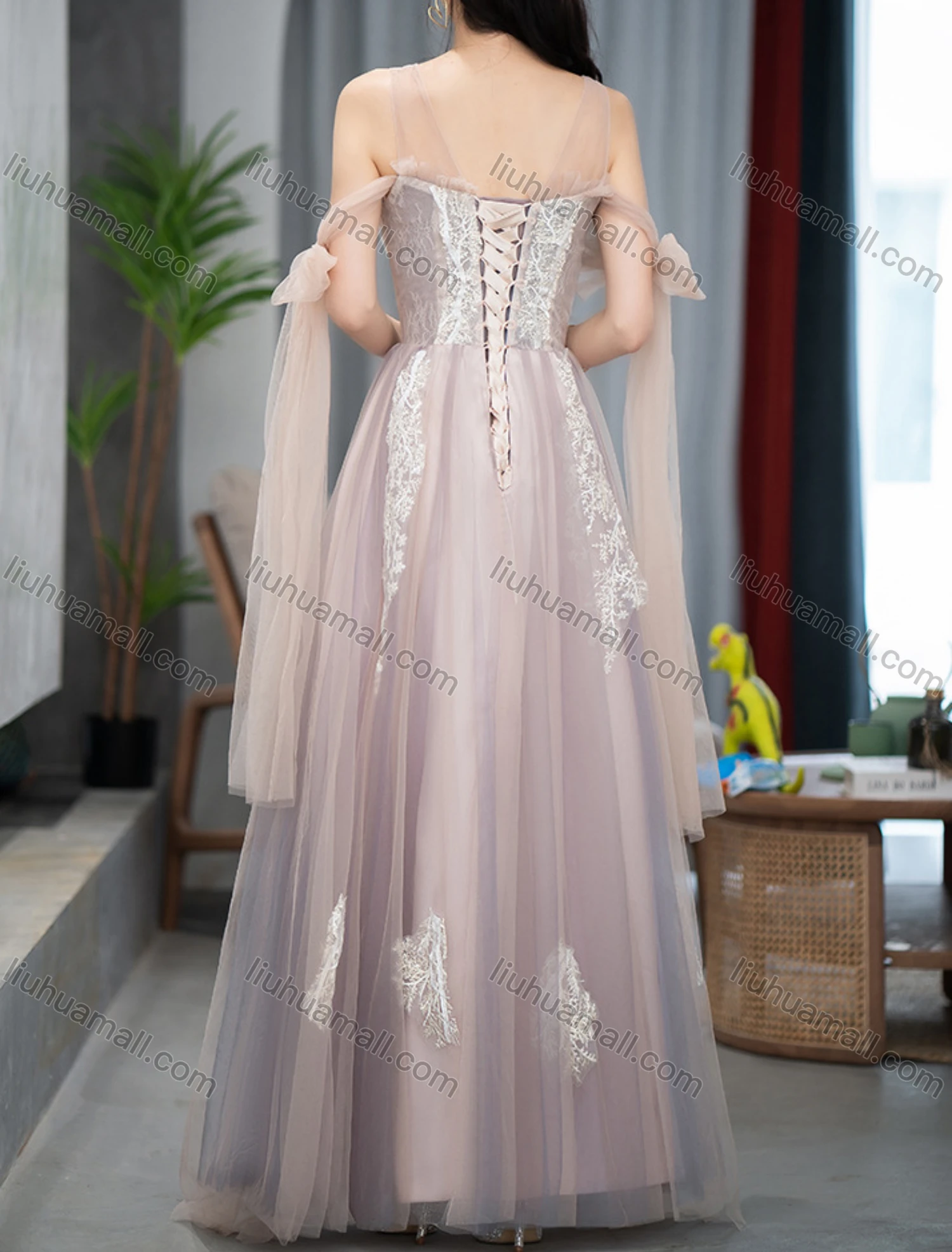 Wholesale Women's Elegant Mesh Appliques Ruffle Trim Lace Up Floor Length Evening Dress - Liuhuamall
