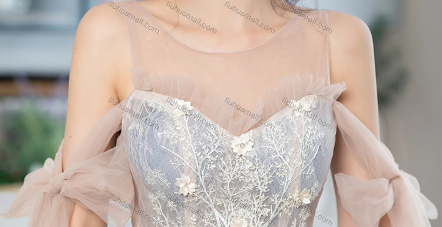 Wholesale Women's Elegant Mesh Appliques Ruffle Trim Lace Up Floor Length Evening Dress - Liuhuamall