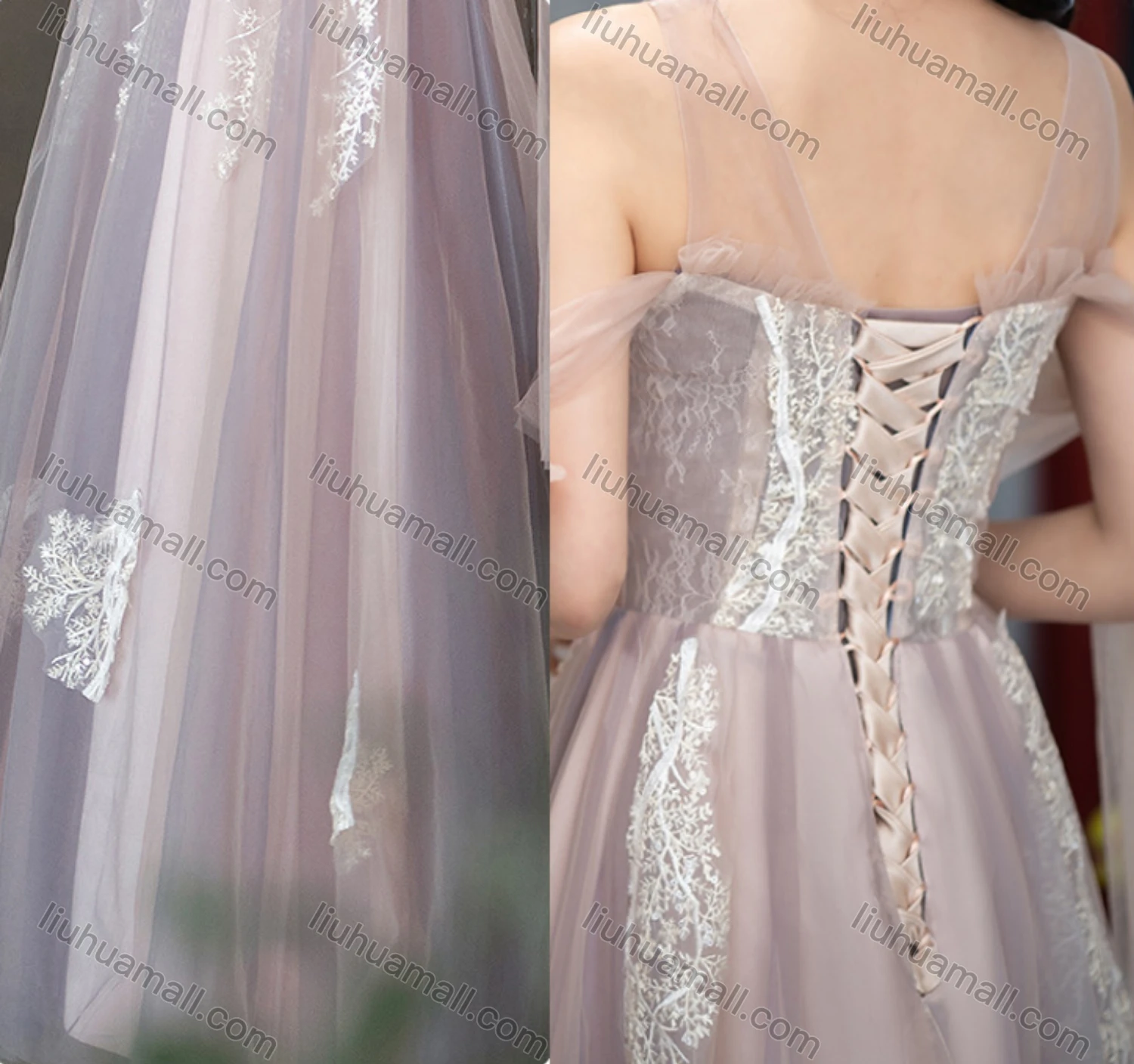 Wholesale Women's Elegant Mesh Appliques Ruffle Trim Lace Up Floor Length Evening Dress - Liuhuamall