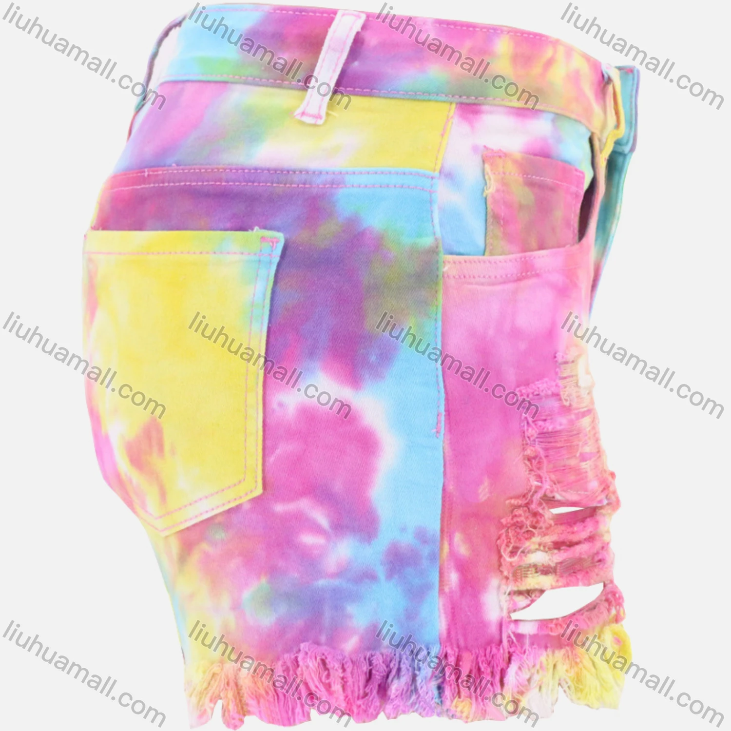 Wholesale Women's Tie Dye Frayed Raw Hem Denim Shorts - Liuhuamall
