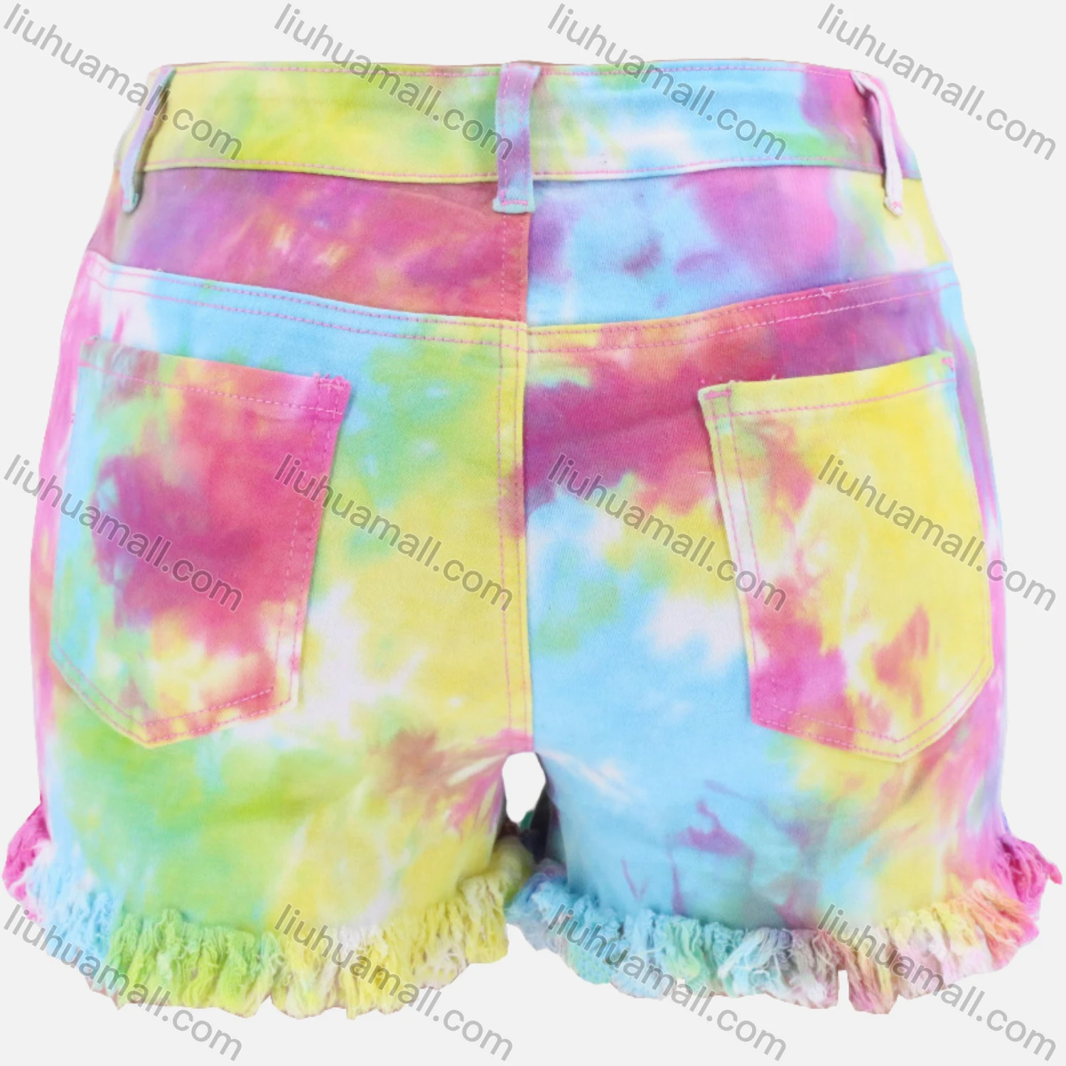 Wholesale Women's Tie Dye Frayed Raw Hem Denim Shorts - Liuhuamall