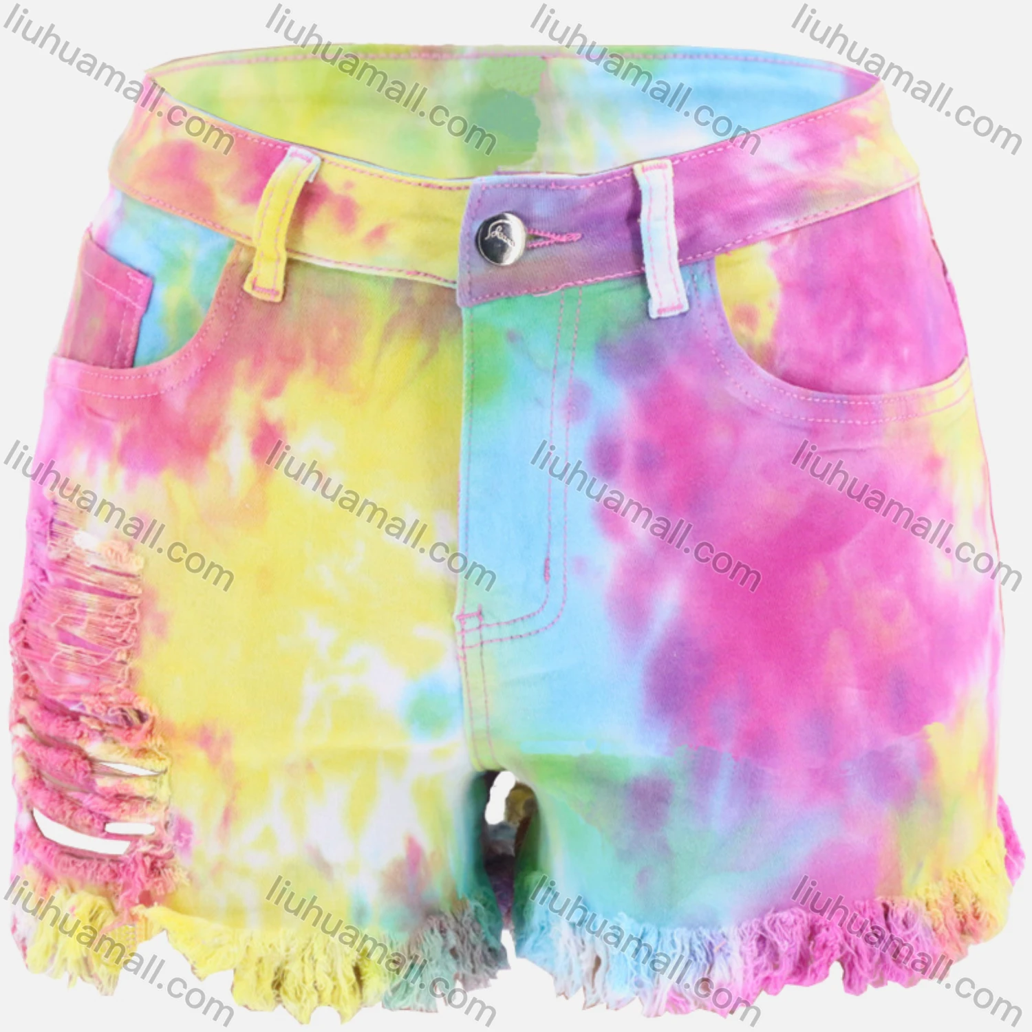 Wholesale Women's Tie Dye Frayed Raw Hem Denim Shorts - Liuhuamall