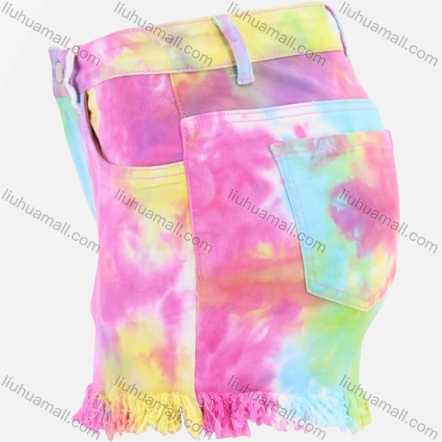 Wholesale Women's Tie Dye Frayed Raw Hem Denim Shorts - Liuhuamall
