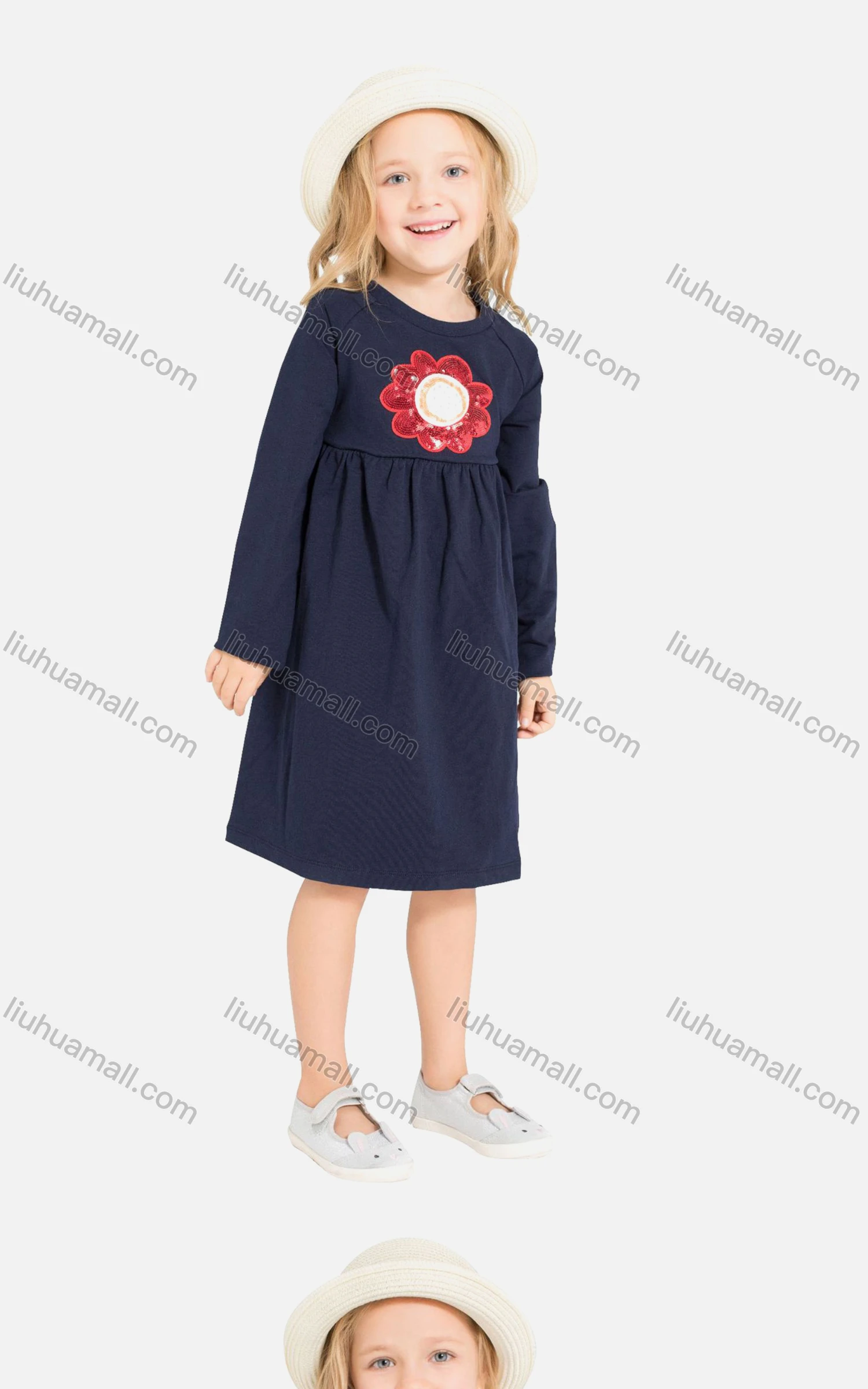 Wholesale Girls Cute Crew Neck Cartoon Print Button Front Knee Length Dress - Liuhuamall