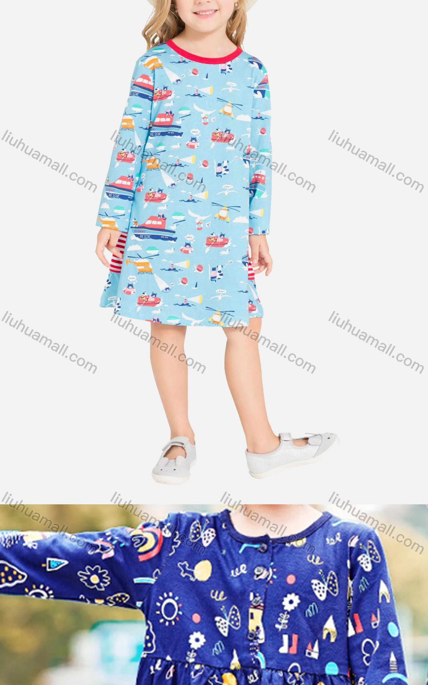 Wholesale Girls Cute Crew Neck Cartoon Print Button Front Knee Length Dress - Liuhuamall
