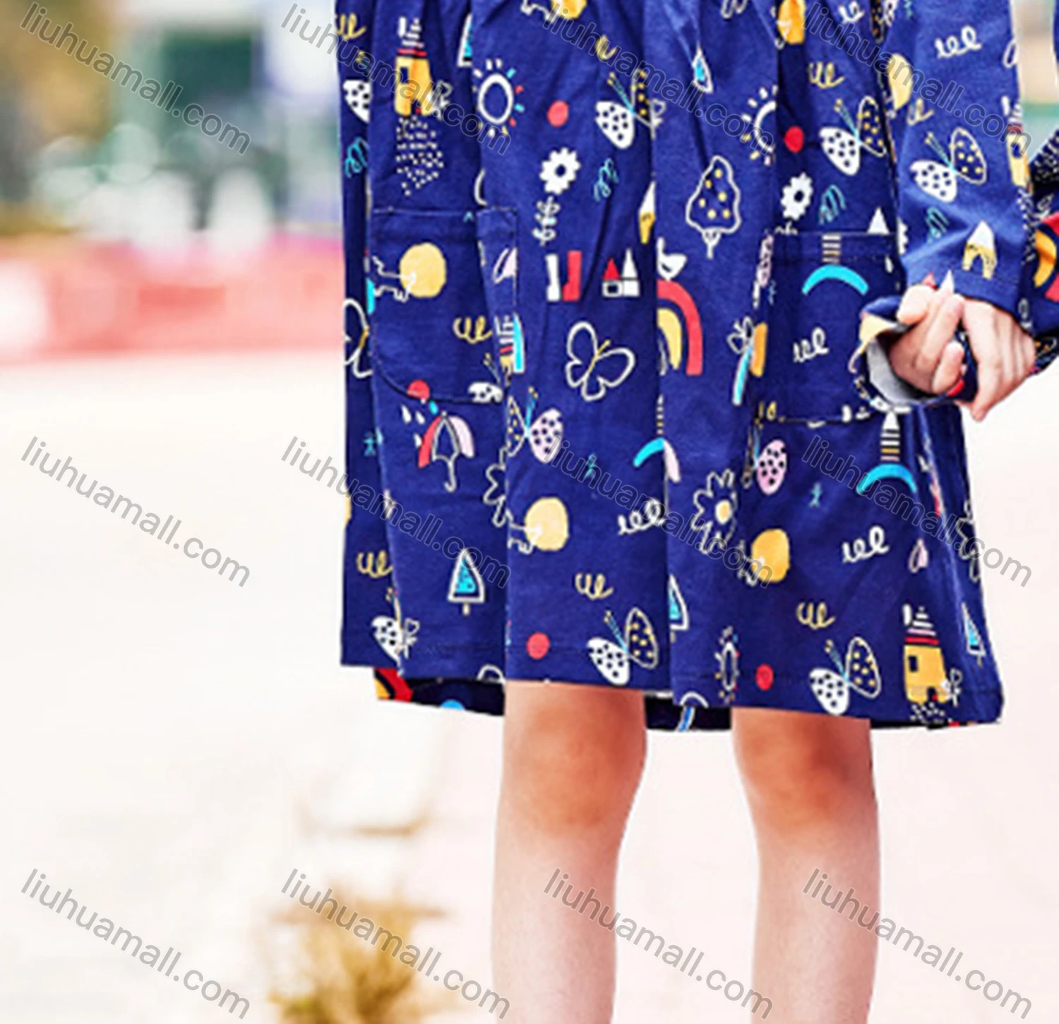 Wholesale Girls Cute Crew Neck Cartoon Print Button Front Knee Length Dress - Liuhuamall