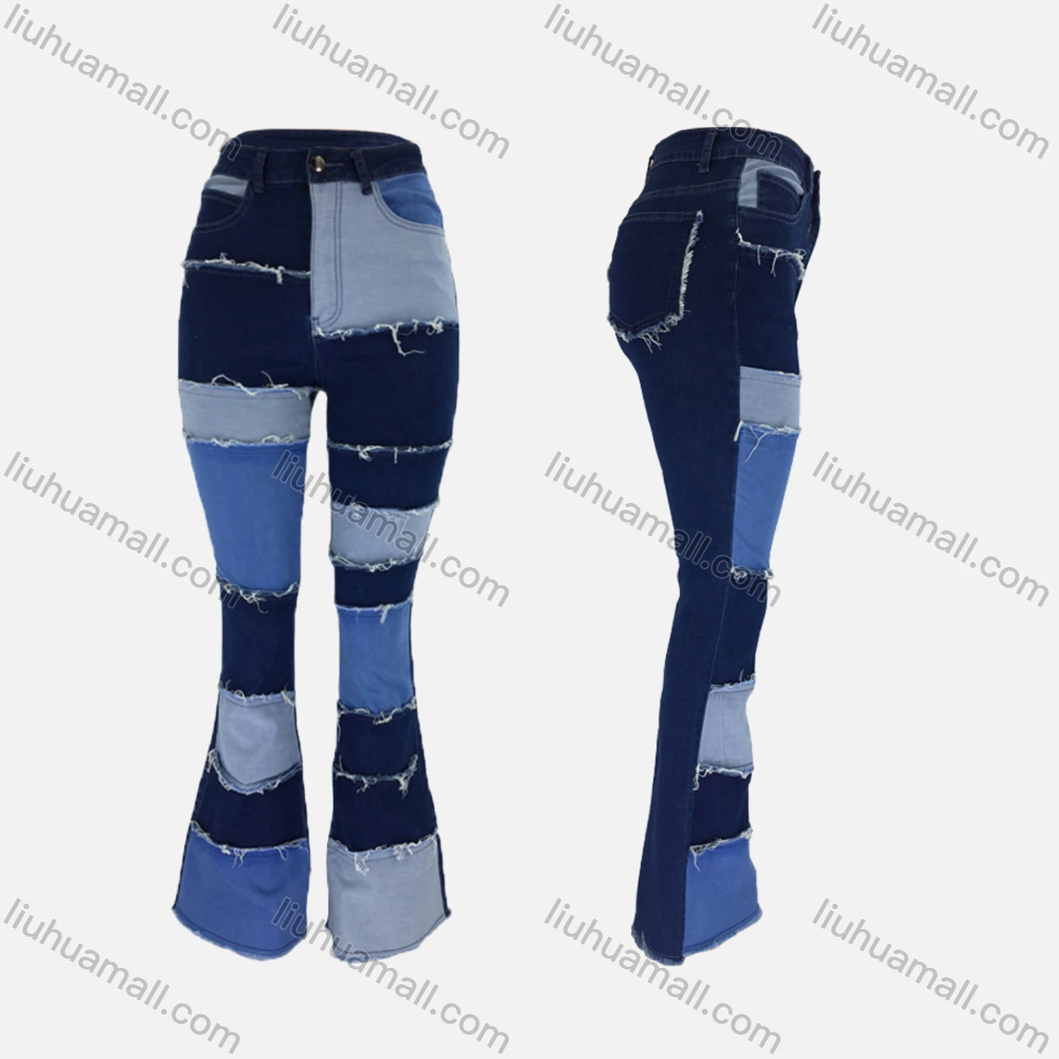 Wholesale Women's Casual Patchwork Colorblock Flared Leg Frayed Raw Trim Jean - Liuhuamall