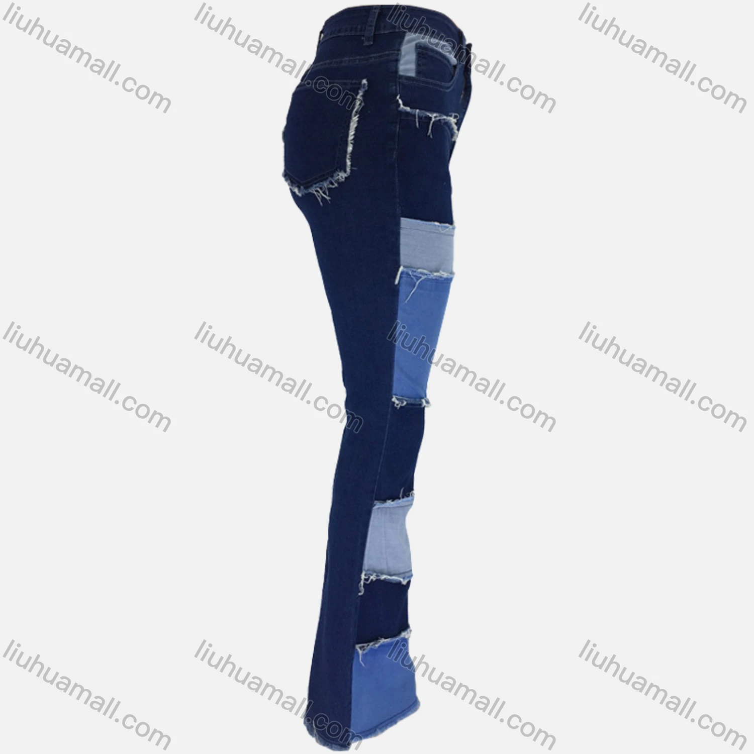 Wholesale Women's Casual Patchwork Colorblock Flared Leg Frayed Raw Trim Jean - Liuhuamall