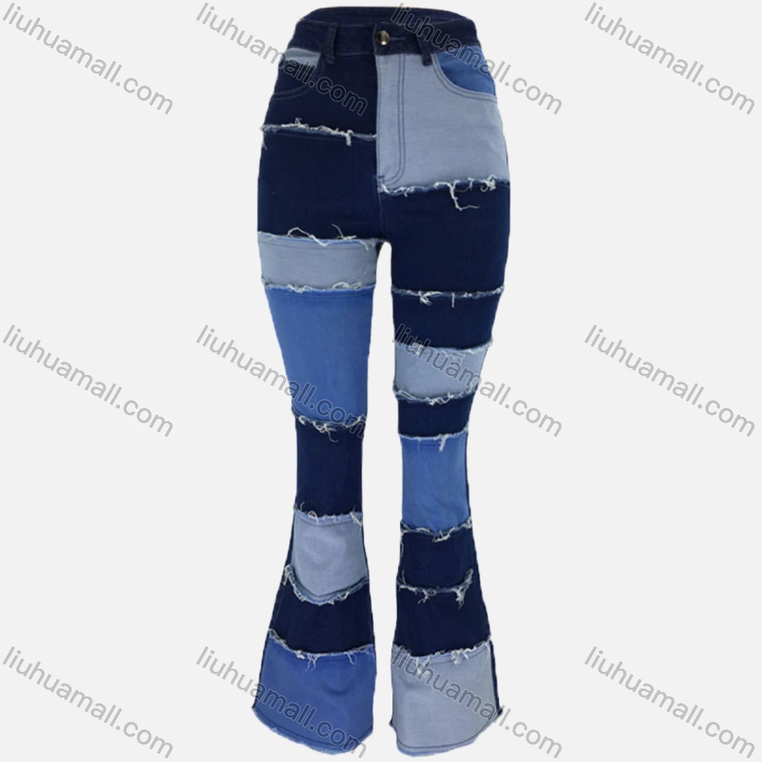 Wholesale Women's Casual Patchwork Colorblock Flared Leg Frayed Raw Trim Jean - Liuhuamall