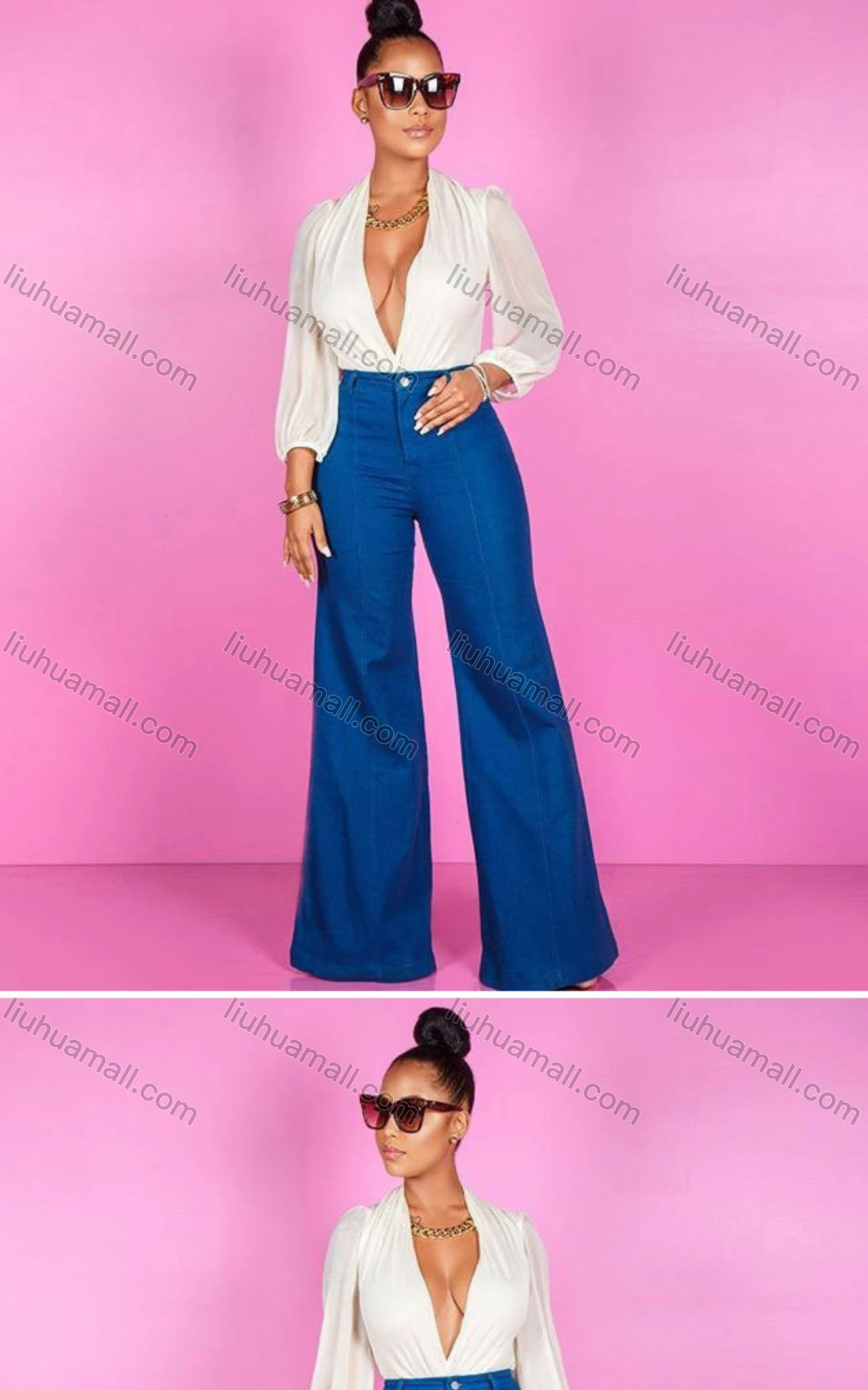 Wholesale Women's Casual Plain High Waist Flared Leg Jean - Liuhuamall