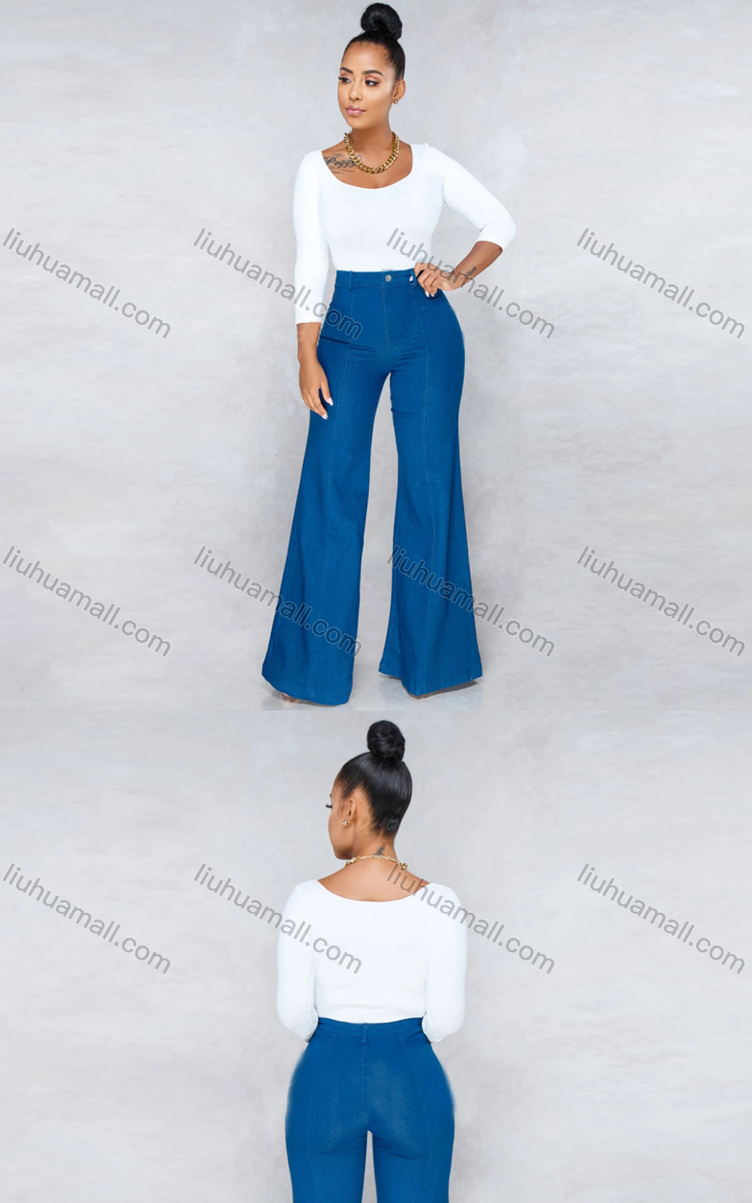 Wholesale Women's Casual Plain High Waist Flared Leg Jean - Liuhuamall