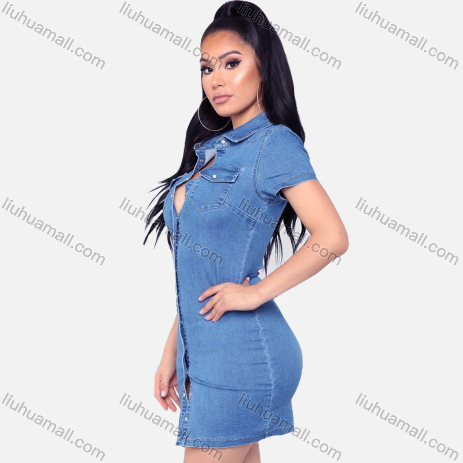 Wholesale Women's Plain Short Sleeve Flap Pockets Button Down Short Denim Shirt Dress - Liuhuamall