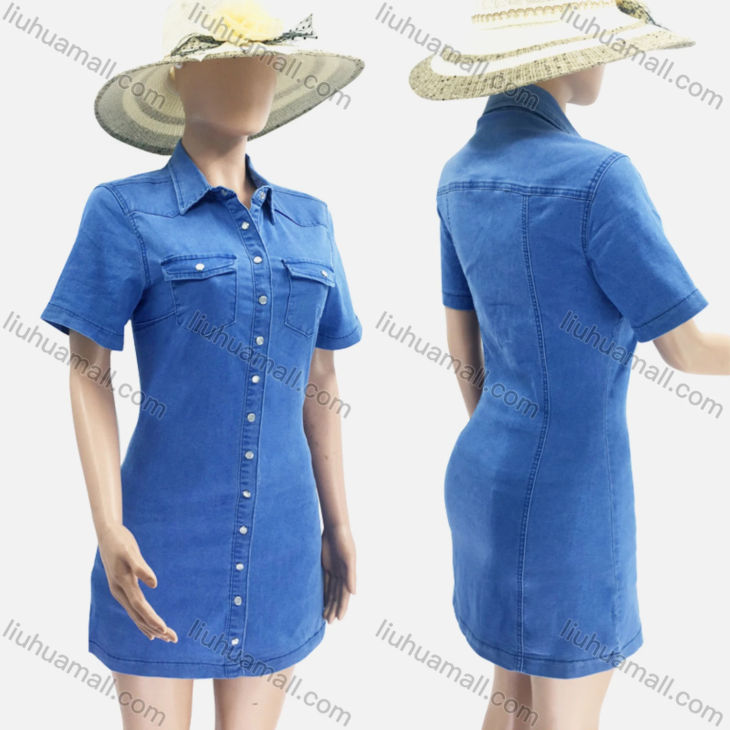 Wholesale Women's Plain Short Sleeve Flap Pockets Button Down Short Denim Shirt Dress - Liuhuamall