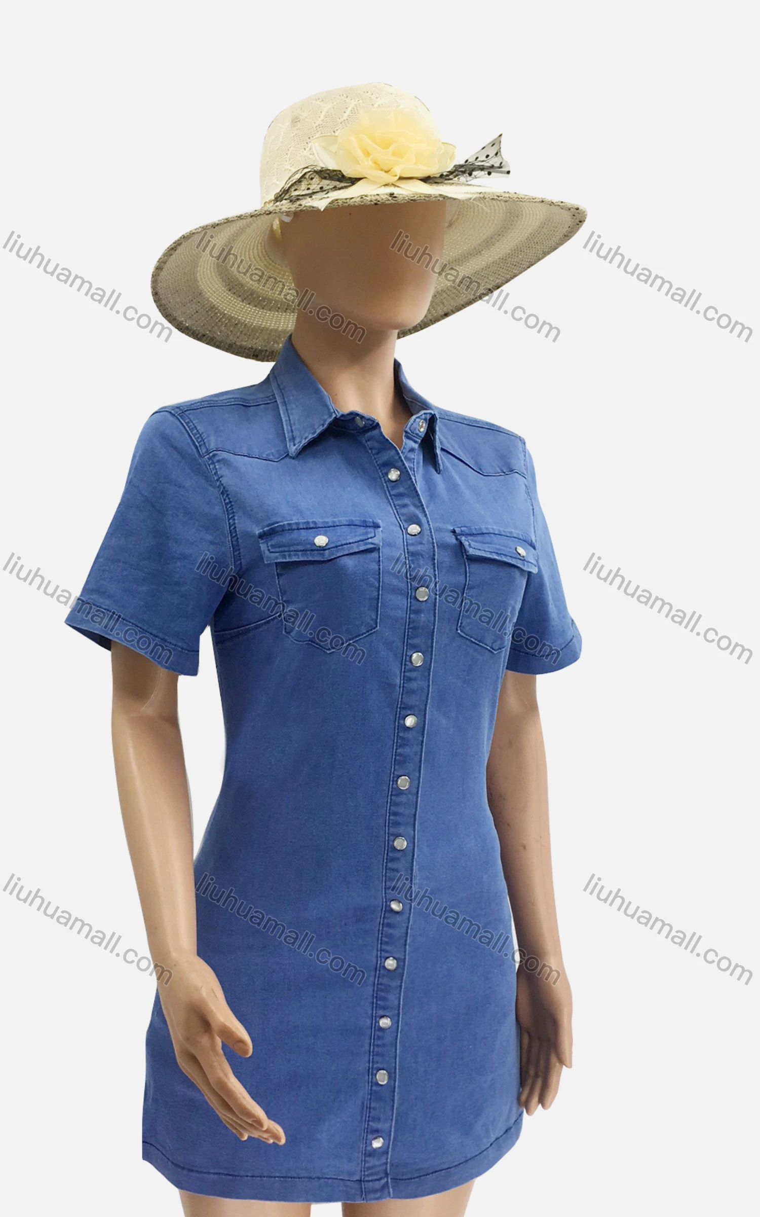 Wholesale Women's Plain Short Sleeve Flap Pockets Button Down Short Denim Shirt Dress - Liuhuamall