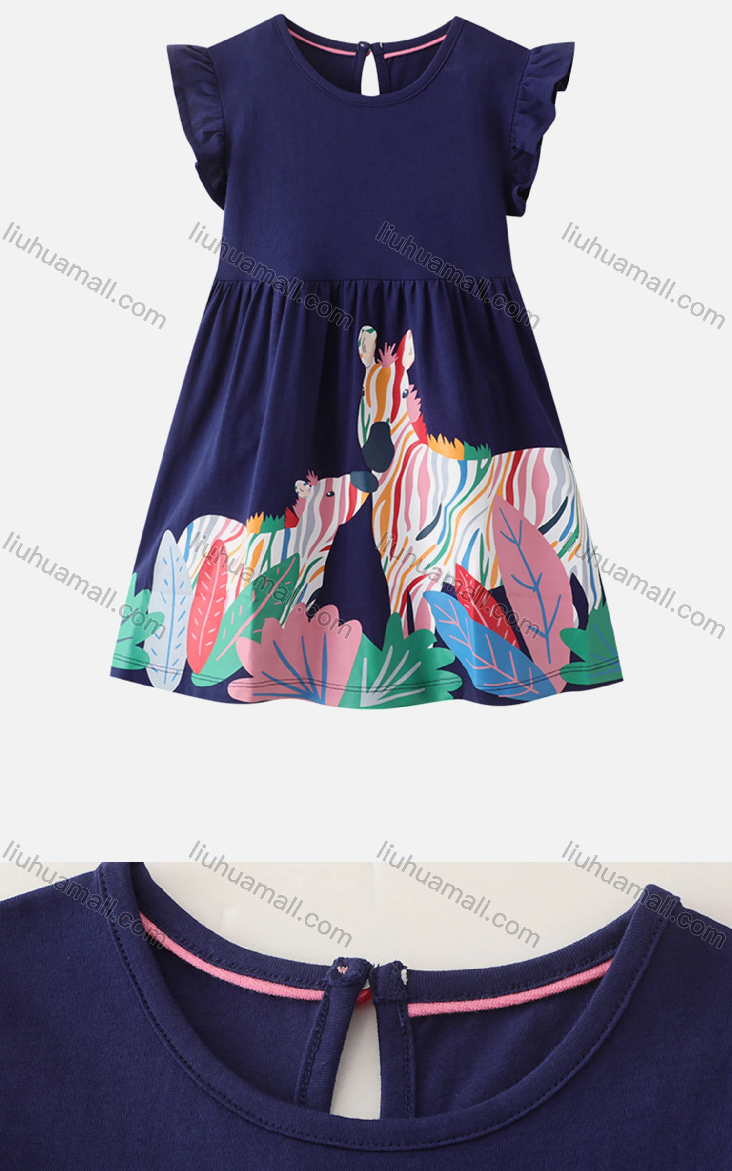 Wholesale Girls Cute Crew Neck Ruffle Sleeve Embroidered Cartoon Print Short Dress - Liuhuamall