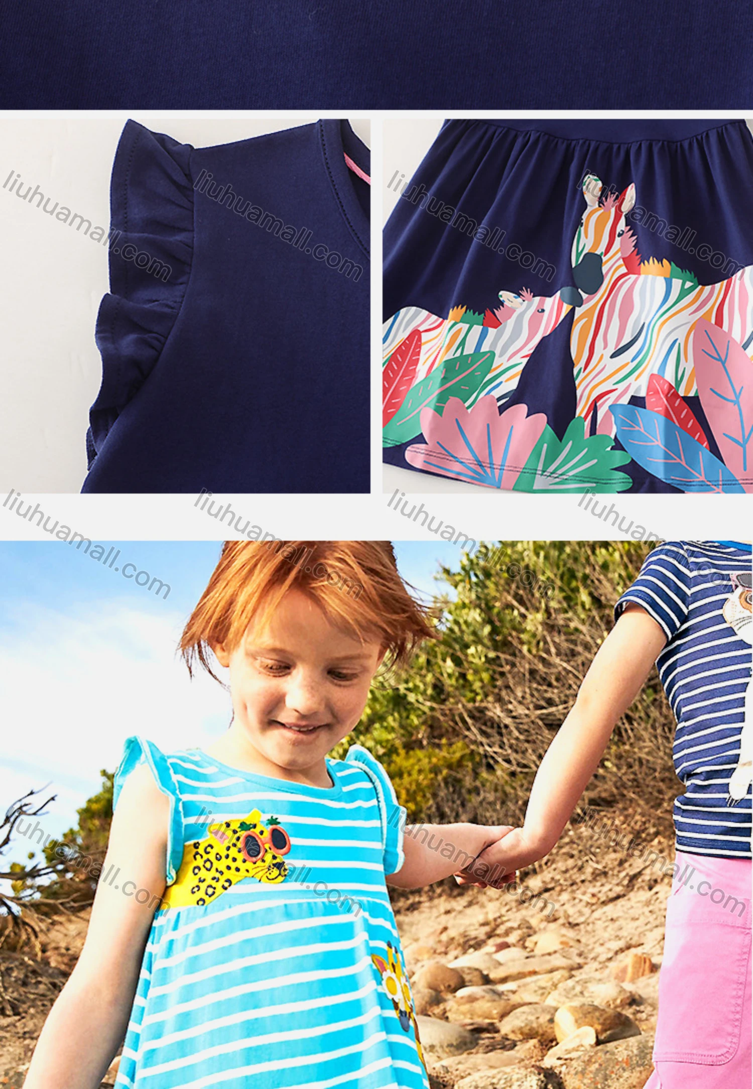 Wholesale Girls Cute Crew Neck Ruffle Sleeve Embroidered Cartoon Print Short Dress - Liuhuamall