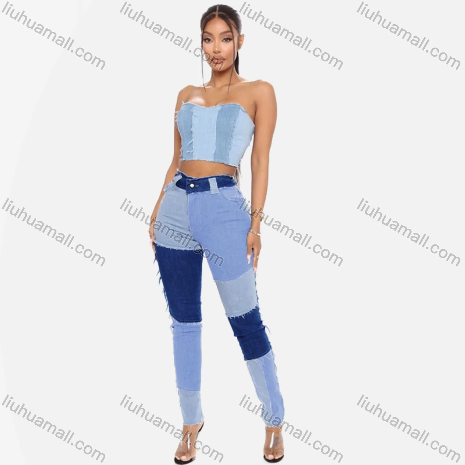 Wholesale Women's Casual Patchwork Colorblock Ankle Length Skinny Fit Frayed Raw Trim Jean - Liuhuamall