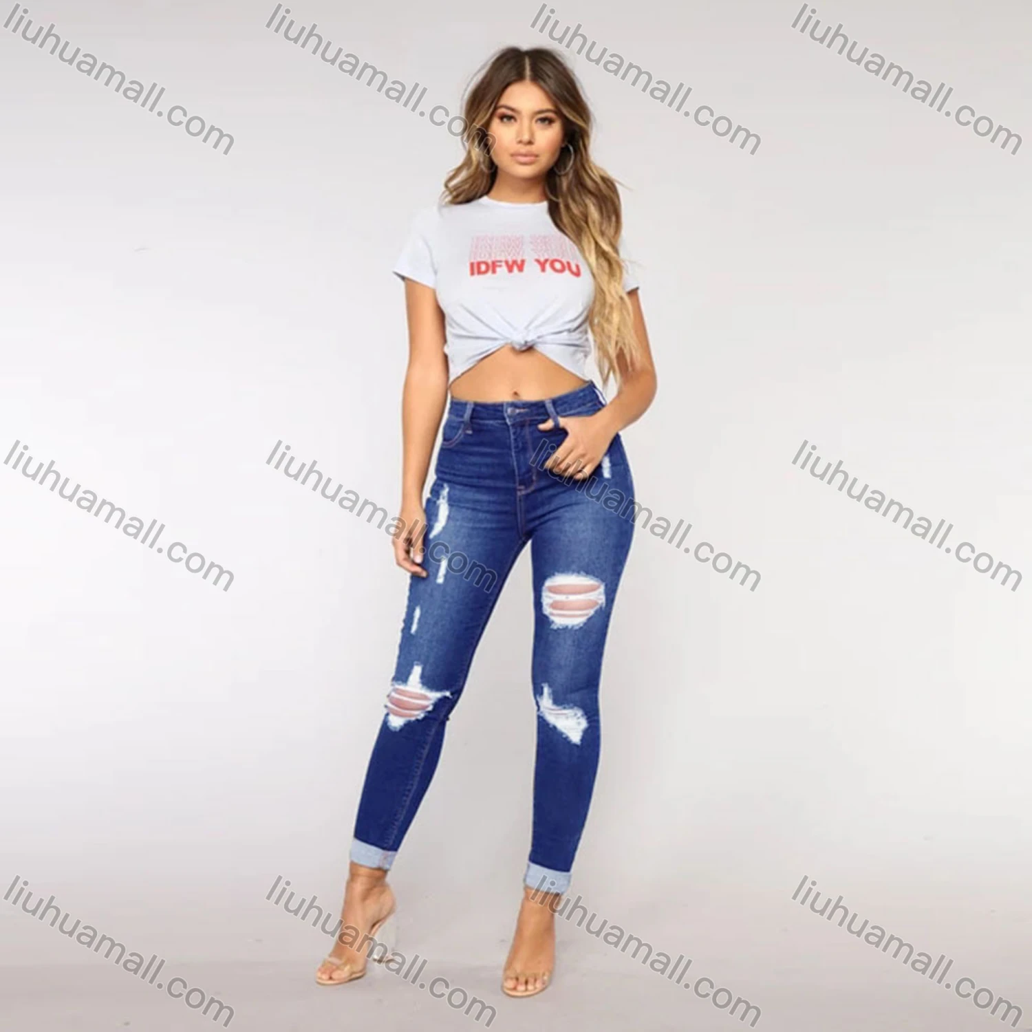 Wholesale Women's Casual Ripped Ankle Length Skinny Fit Rolled Leg Jean - Liuhuamall