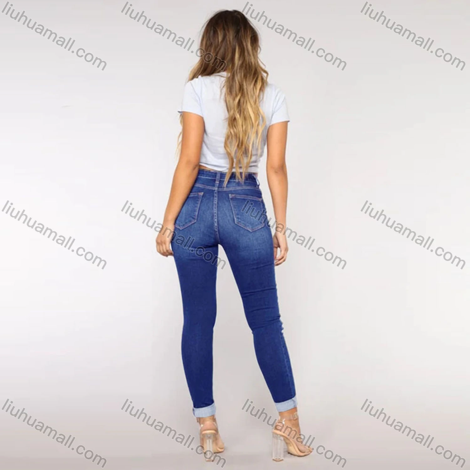 Wholesale Women's Casual Ripped Ankle Length Skinny Fit Rolled Leg Jean - Liuhuamall