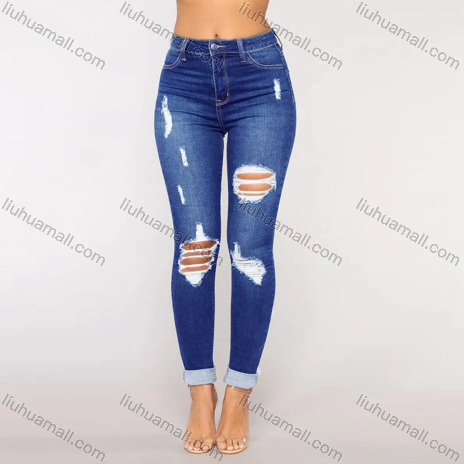 Wholesale Women's Casual Ripped Ankle Length Skinny Fit Rolled Leg Jean - Liuhuamall