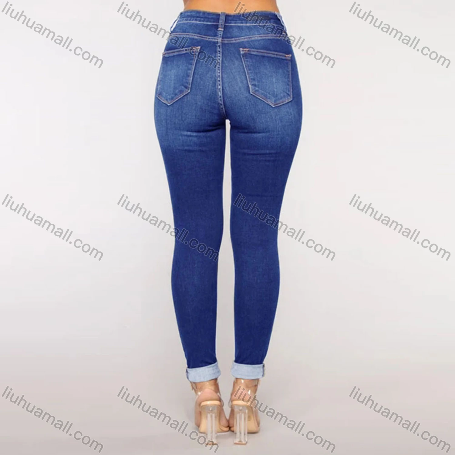 Wholesale Women's Casual Ripped Ankle Length Skinny Fit Rolled Leg Jean - Liuhuamall